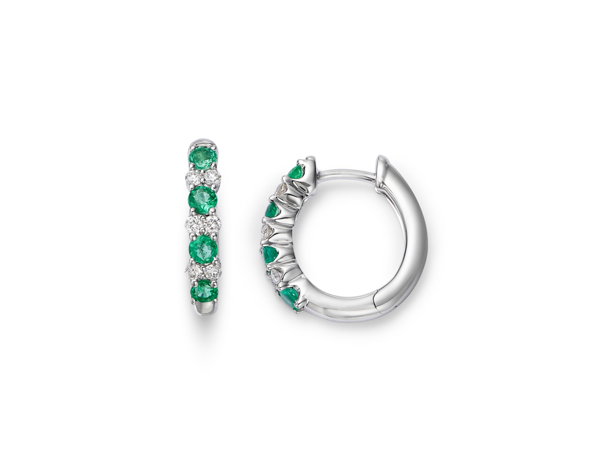 Emerald & Diamond Huggie Hoop Earrings in 14K White Gold — Image 4