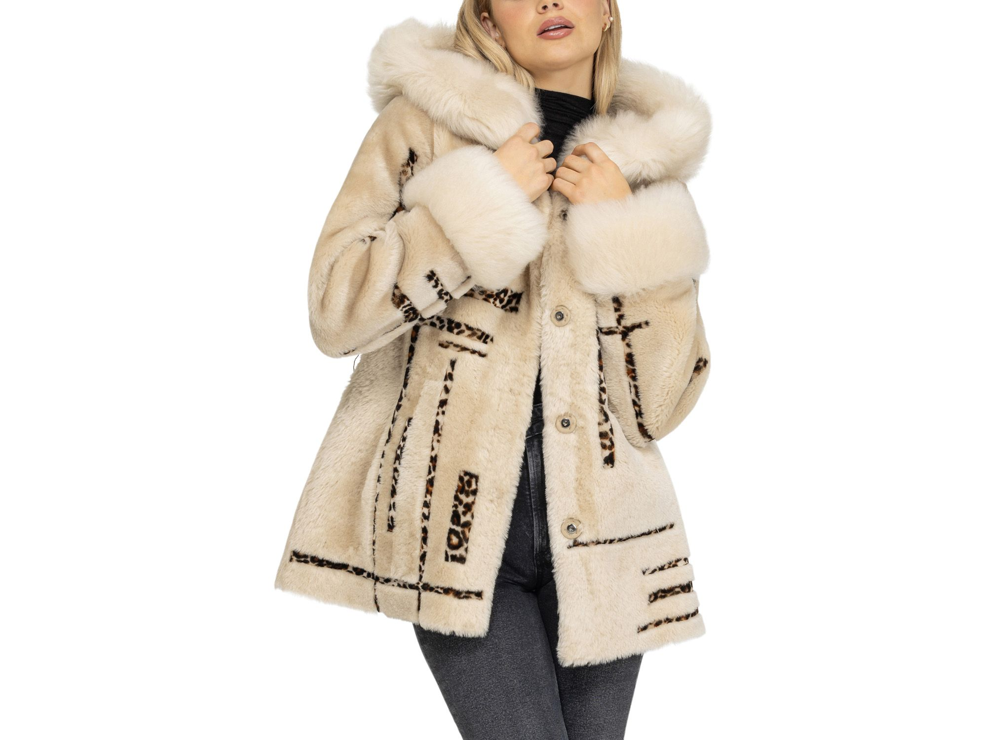 Reversible Shearling Parka with Shearling Hood Trim & Cuffs with Belt Coat — Image 3