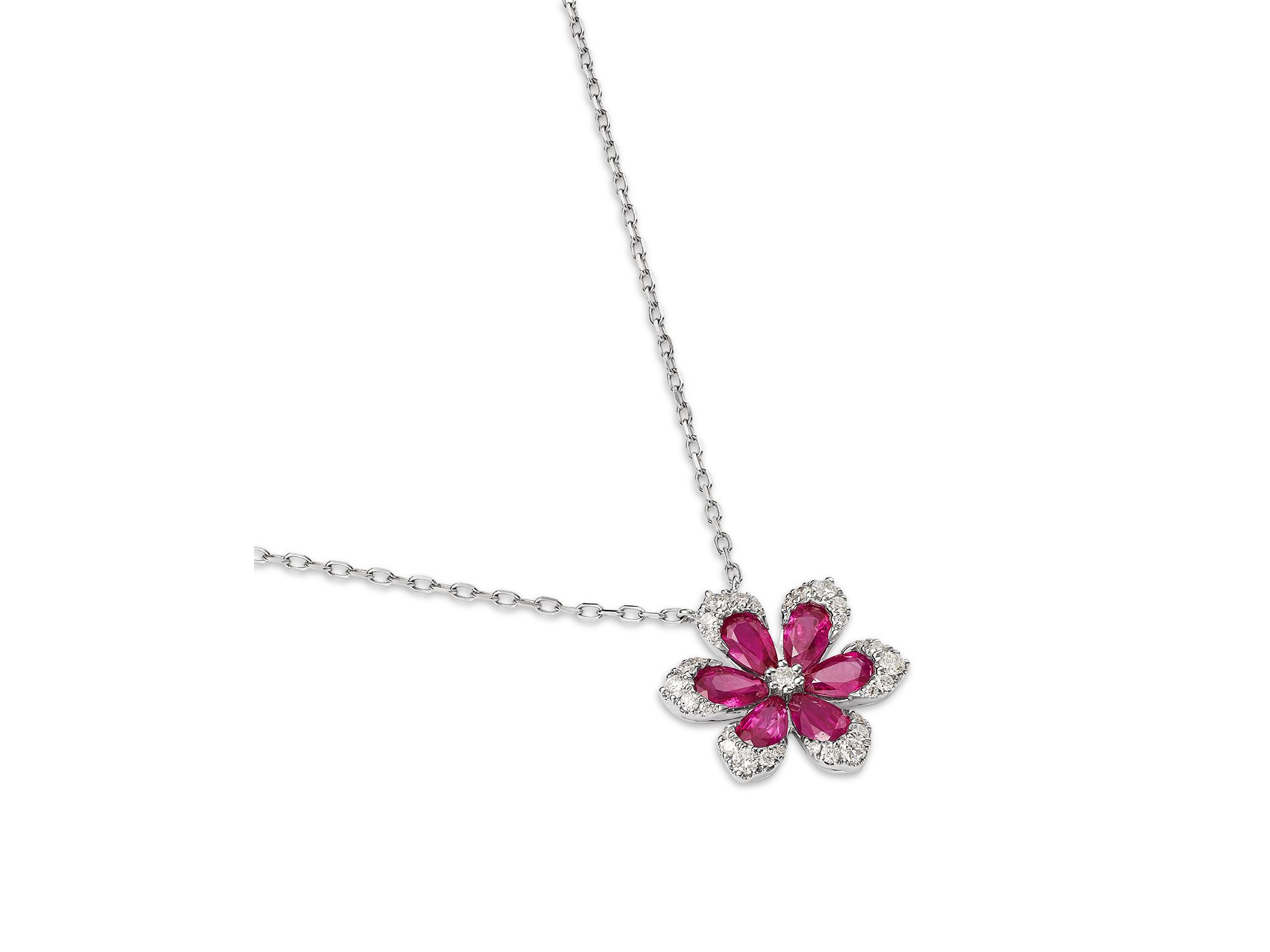 Ruby & Diamond Flower Pendant Necklace in 14K White Gold, 18" — Image 3
