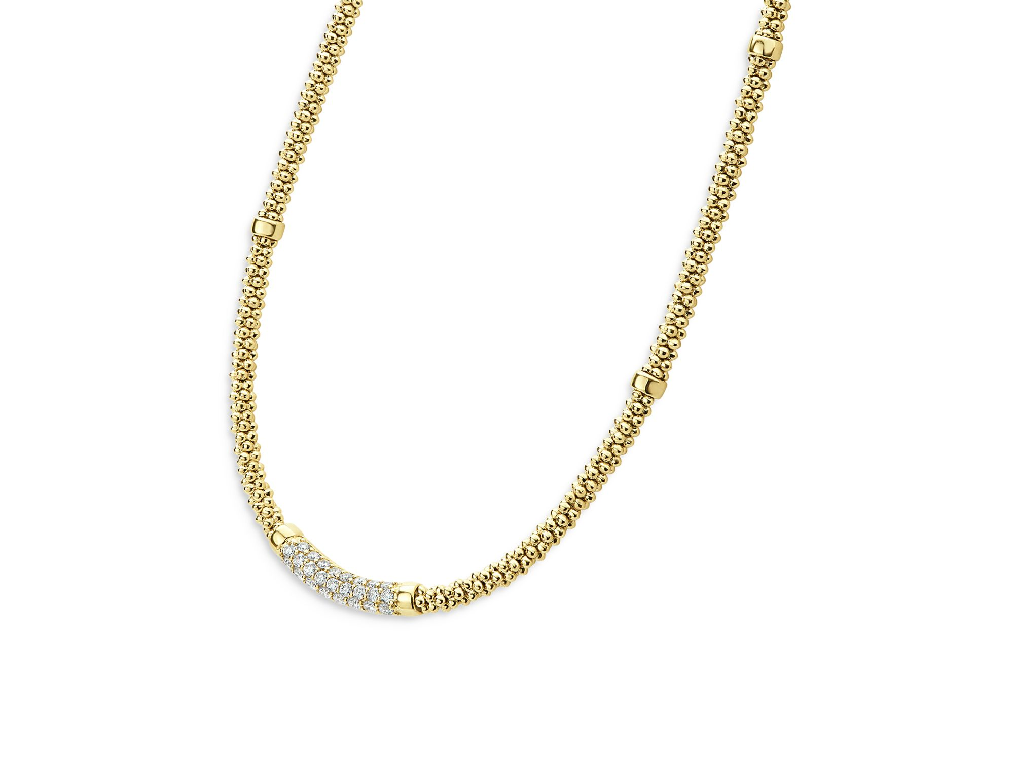 18K Yellow Gold Caviar Beaded Necklace with Diamonds, 16" — Image 5