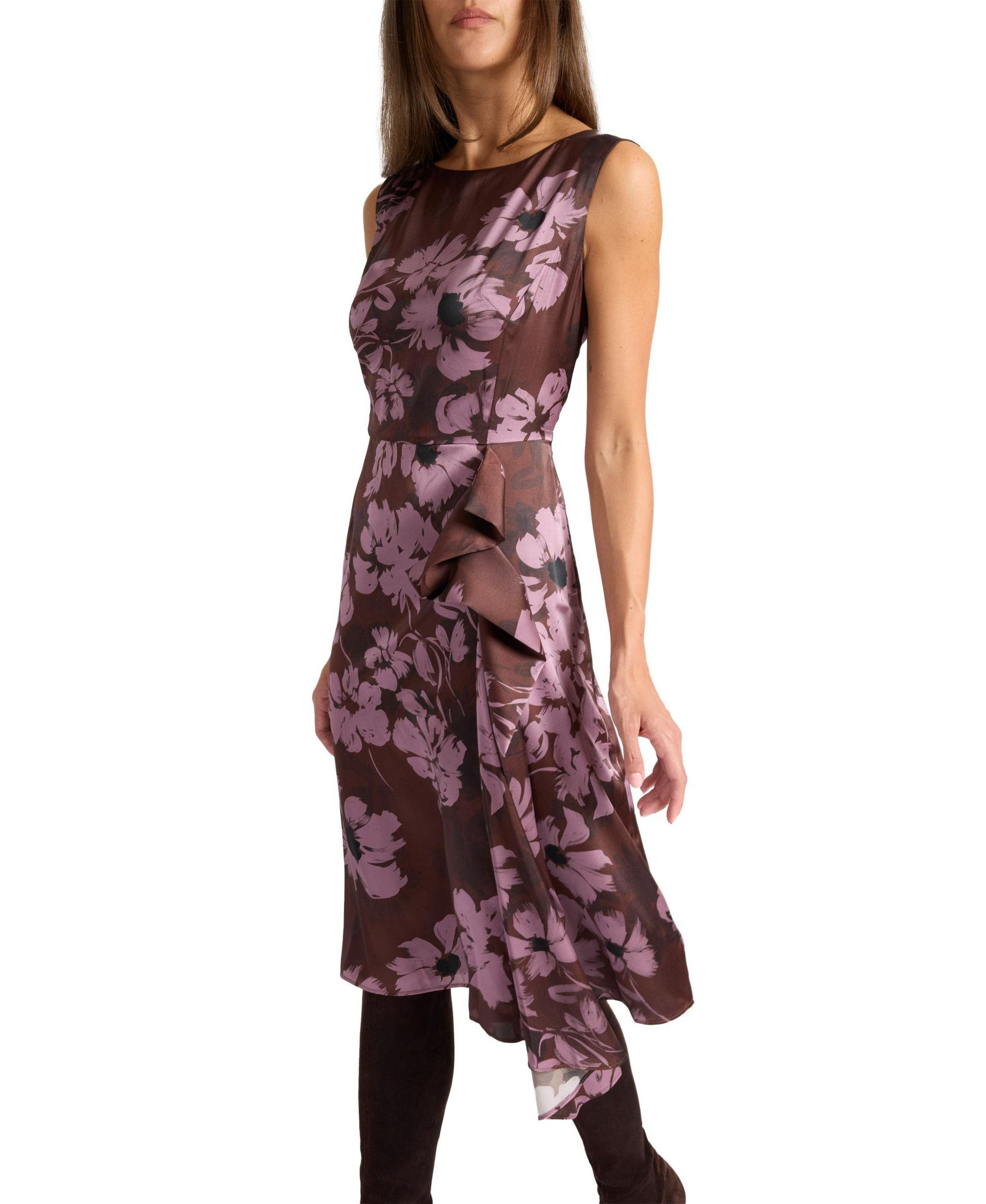 Nica Sleeveless Dress with Side Ruffle in Floral Twill Crepe — Image 3