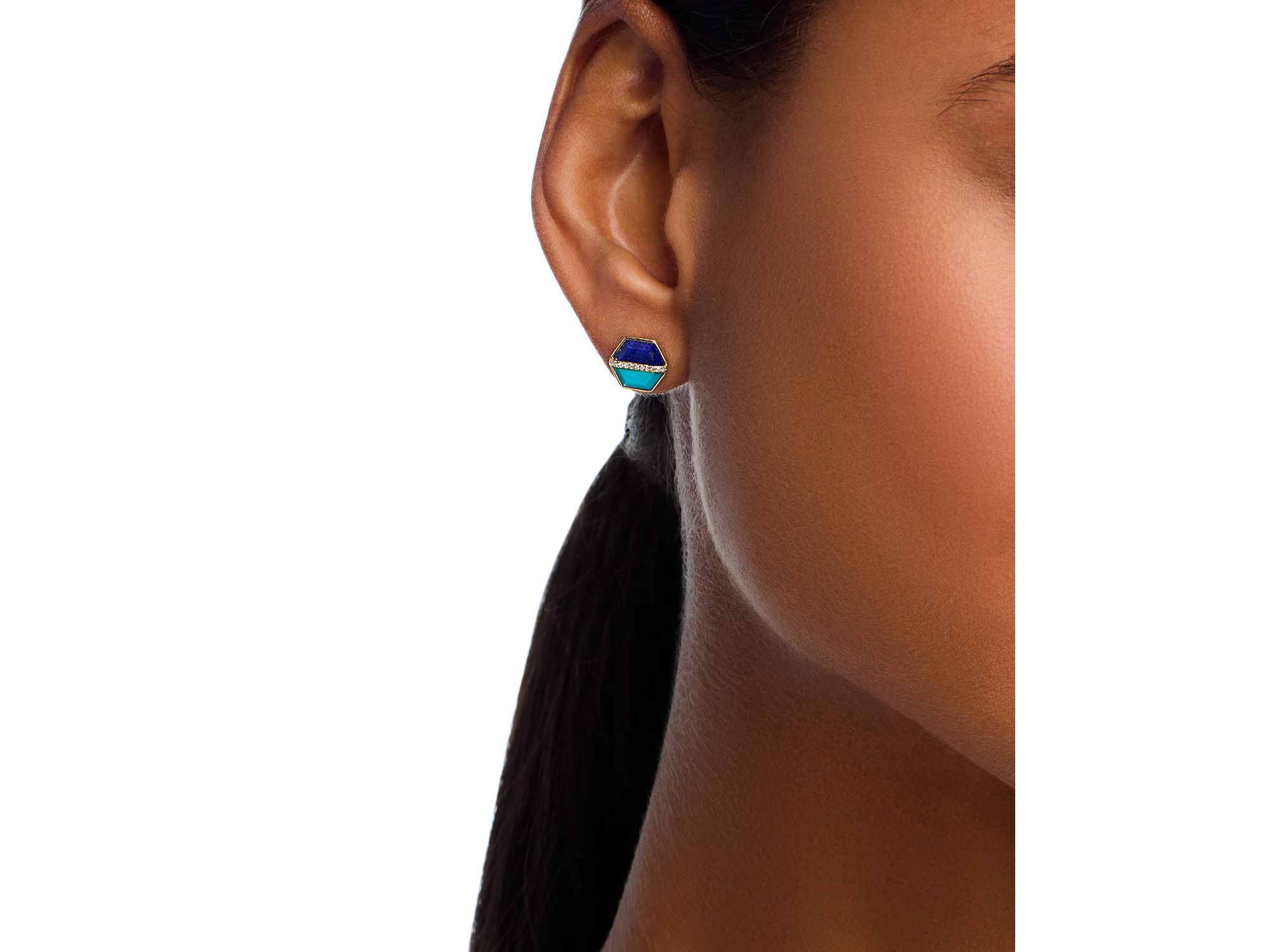 Lapis Lazuli, Turquoise & Diamond Stud Earrings in 14K Yellow Gold — Image 3