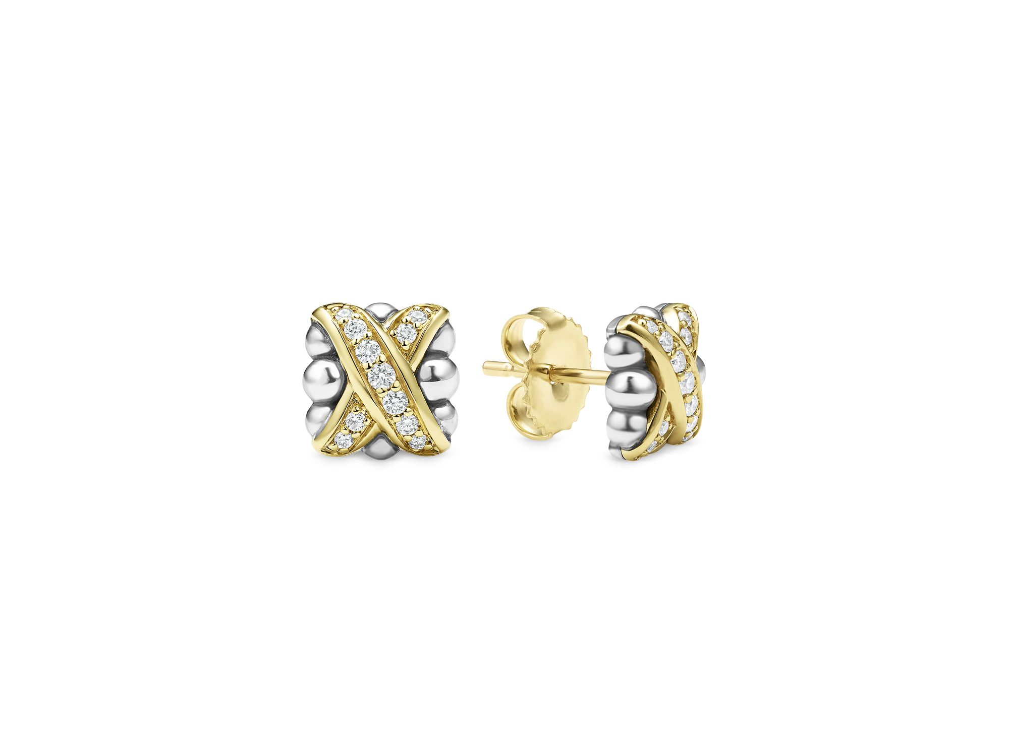18K Yellow Gold & Sterling Silver Embrace Diamond X Bead Stud Earrings — Image 4