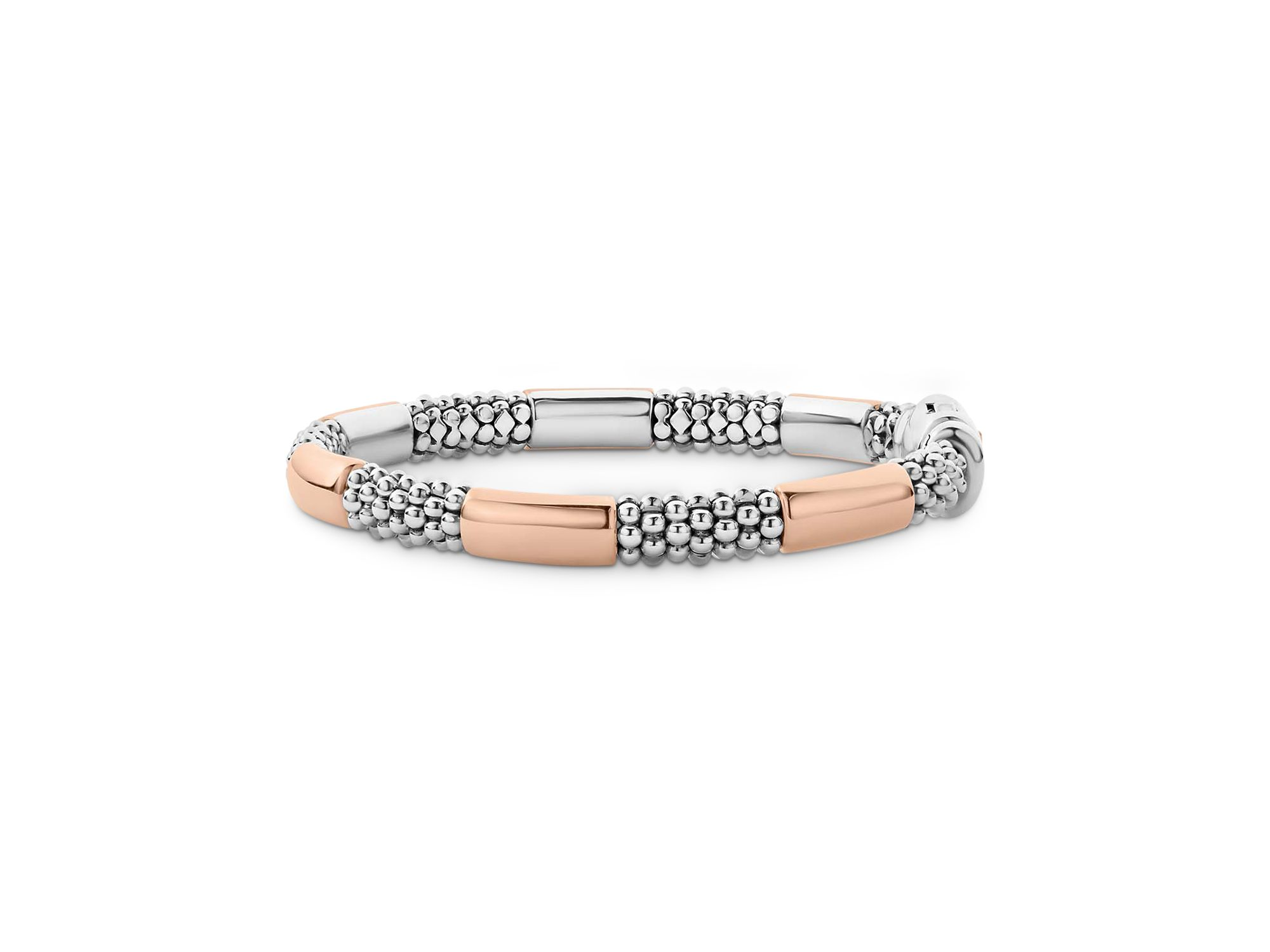 18K Rose Gold & Sterling Silver High Bar Polished & Caviar Bead Bracelet — Image 5
