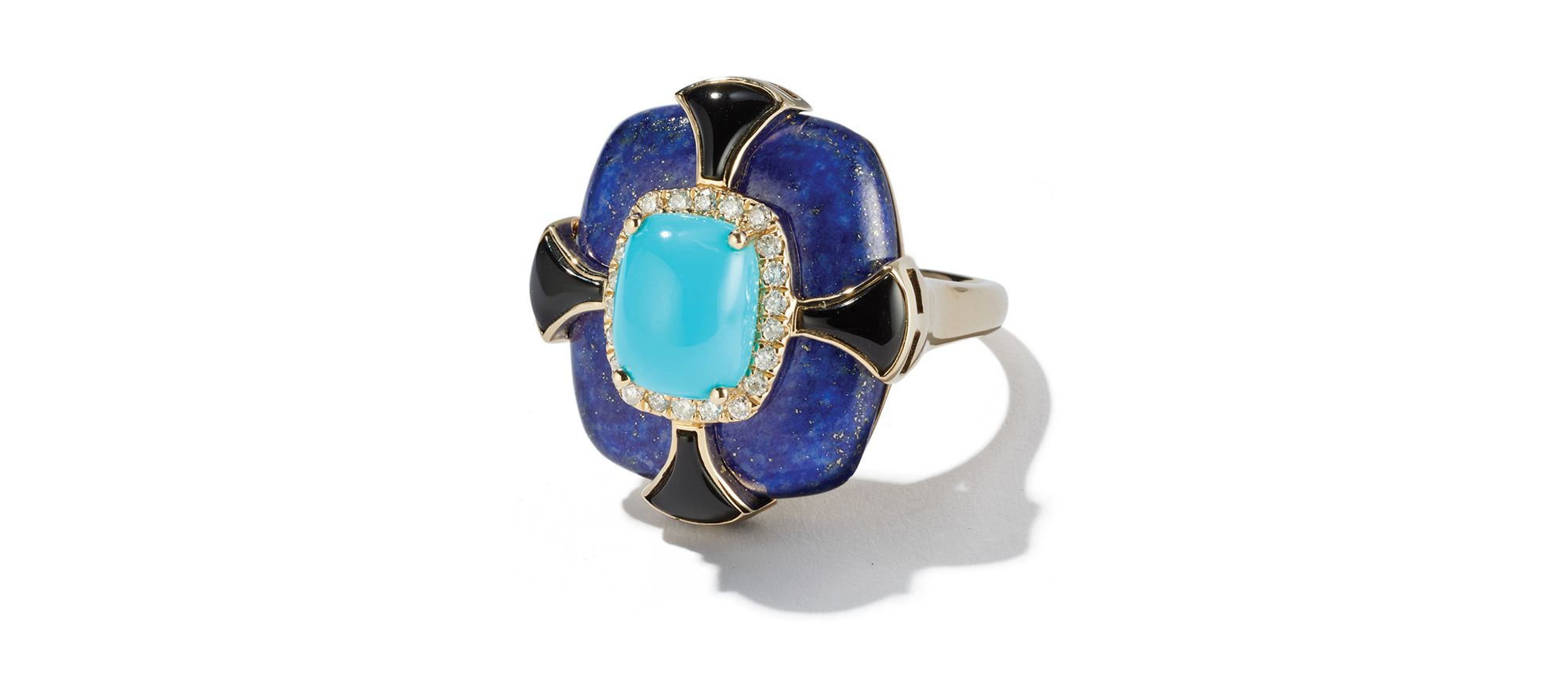 Turquoise, Onyx, Lapis Lazuli & Diamond Statement Ring in 14K Yellow Gold — Image 4