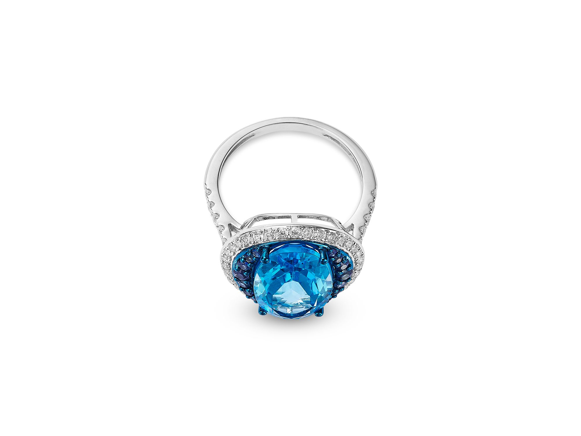 Swiss Blue Topaz, Blue Sapphire & Diamond Halo Ring in 14K White Gold — Image 3
