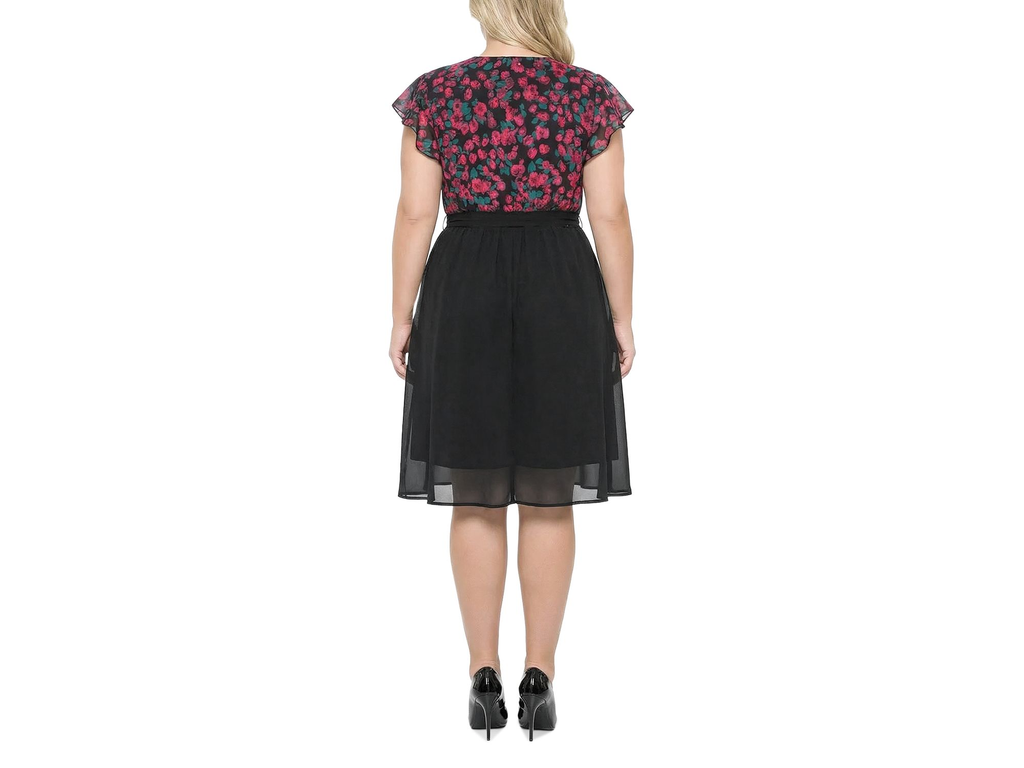 Plus Floral Top Solid Skirt Flutter Sleeve Dress — Image 4