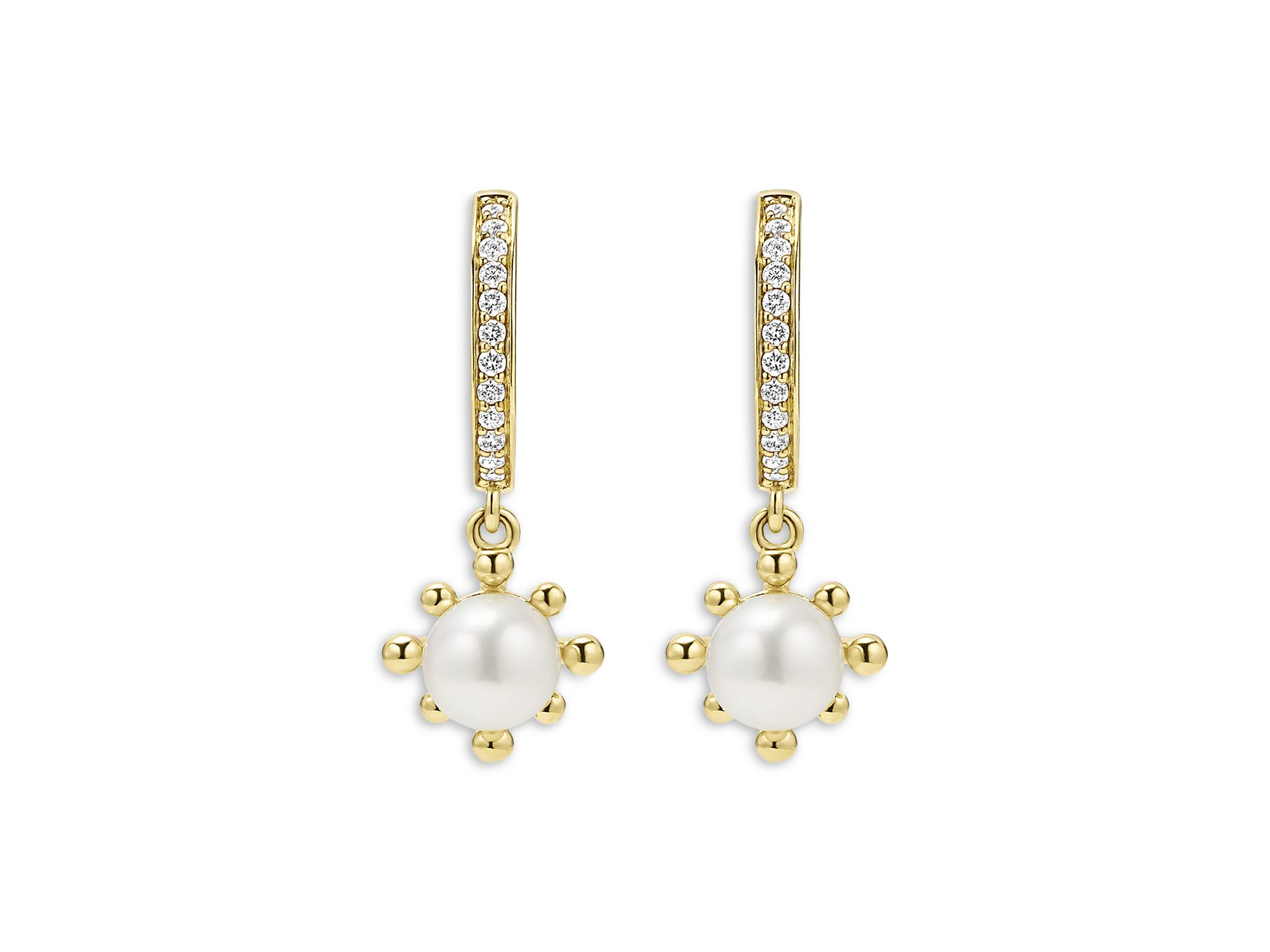 18K Yellow Gold Luna Cultured Pearl Fleur Charm Diamond Hoop Earrings — Image 4