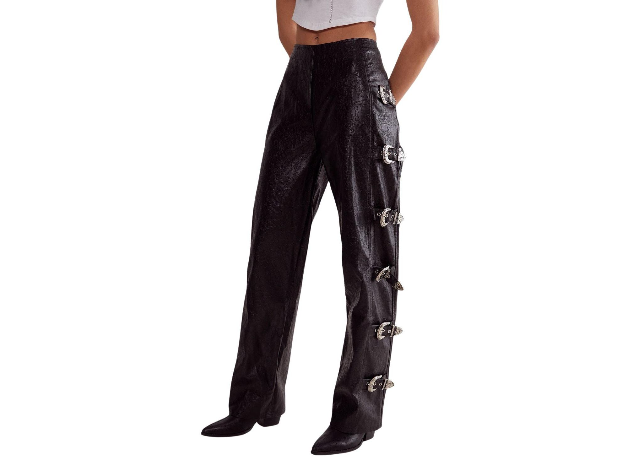Faux Leather Buckle Detail Pants - Image 1