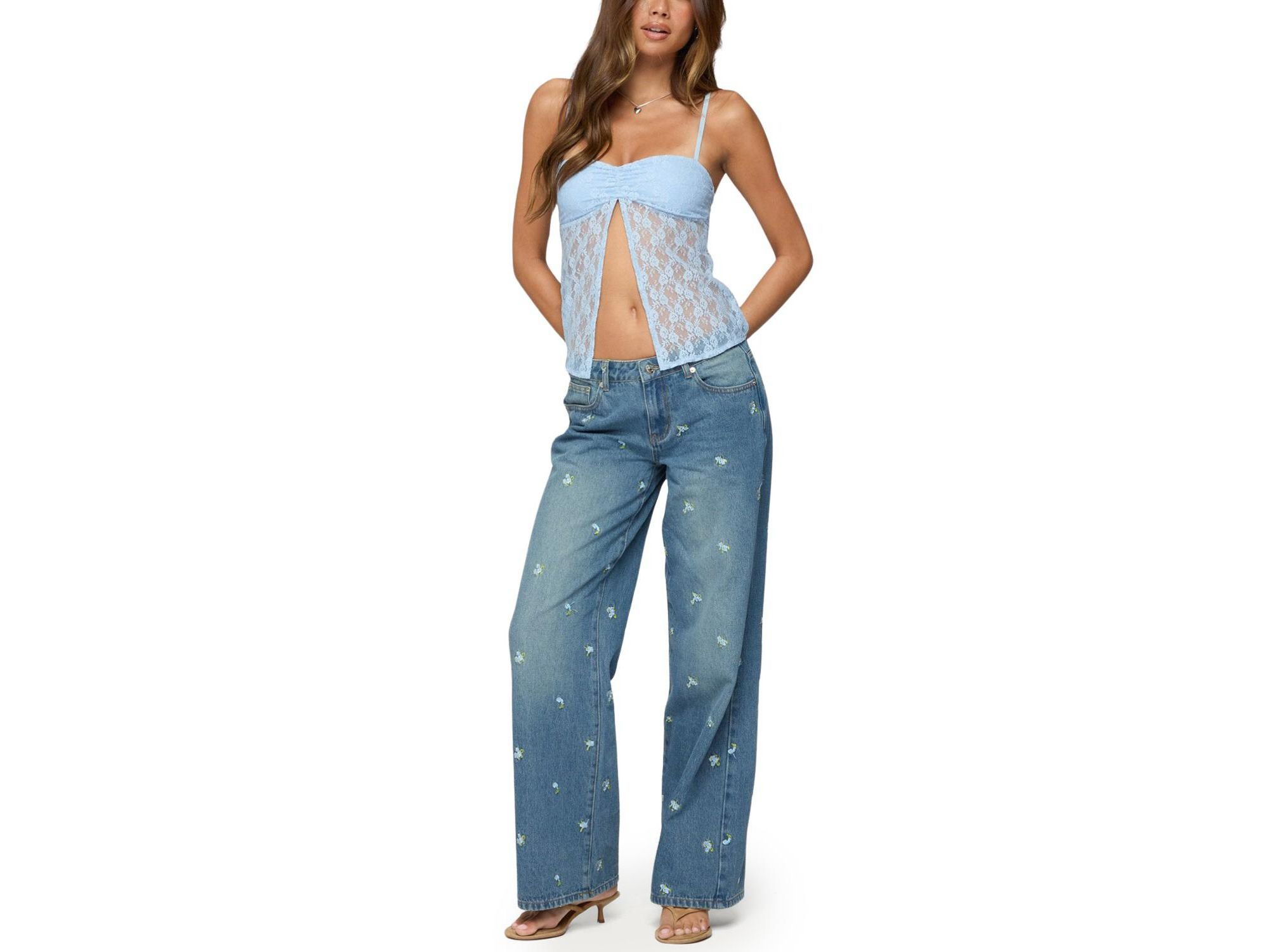 Edna Floral Embroidered Low Rise Medium Rinse Wash Jeans — Image 3