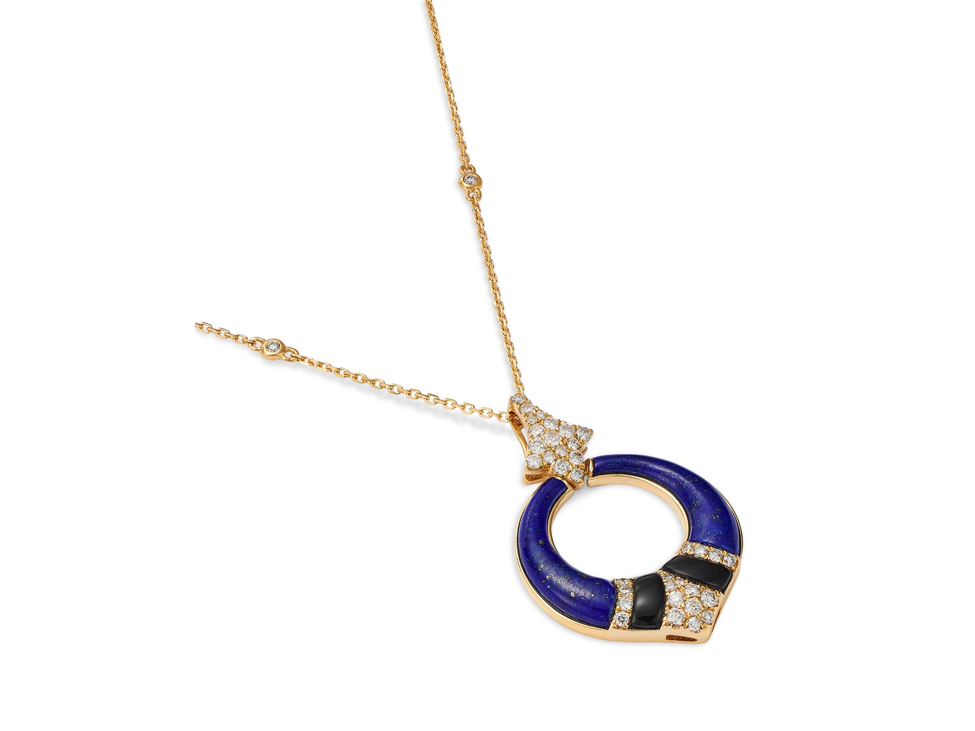 Lapis, Onyx, & Diamond Circle Pendant Necklace in 14K Yellow Gold, 18" — Image 3