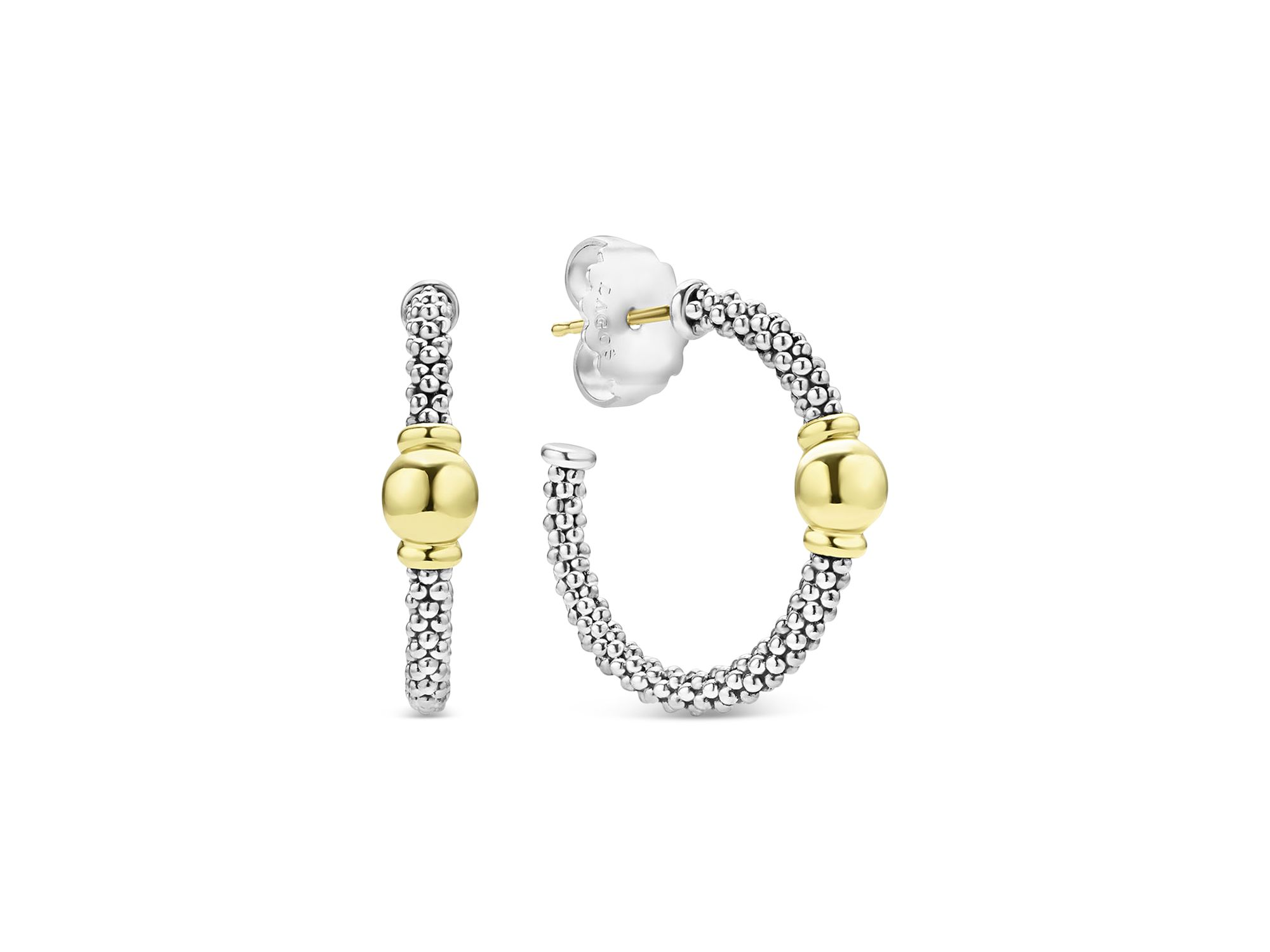 18K Yellow Gold & Sterling Silver Signature Caviar Station Hoop Earrings — Image 4
