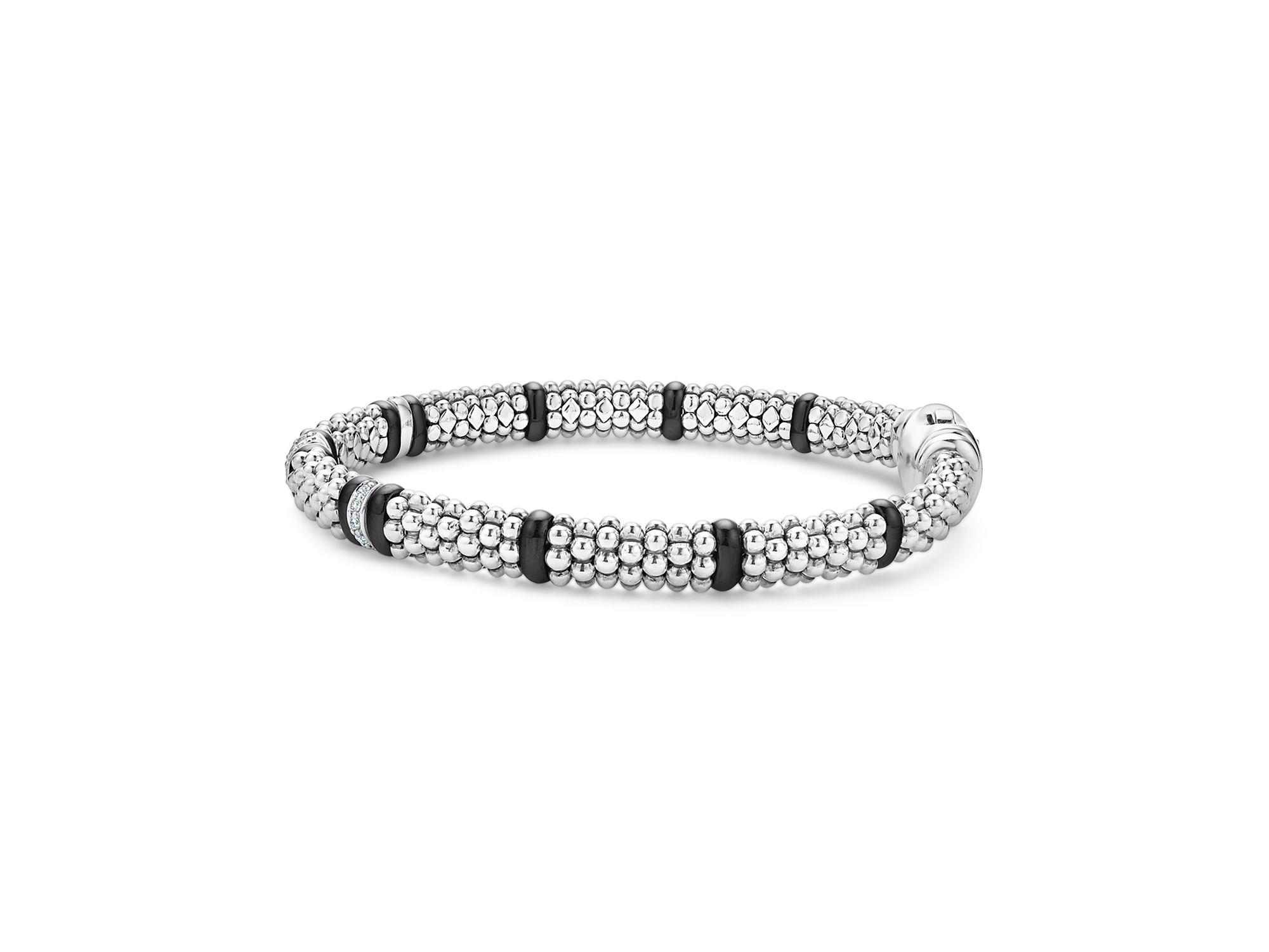 Four Station Diamond Black Caviar Bracelet in Sterling Silver — Image 4
