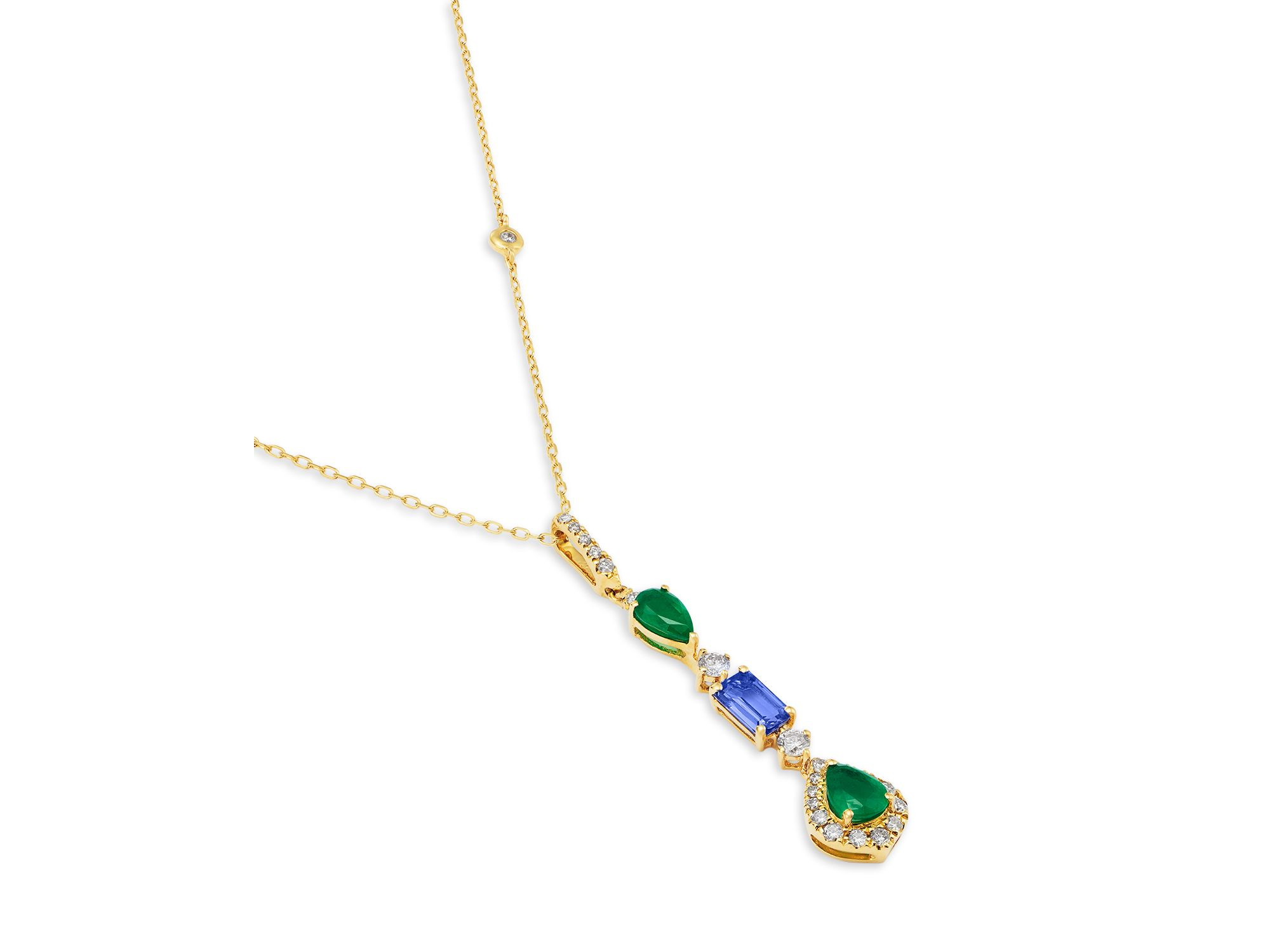 Emerald, Tanzanite & Diamond Lariat necklace in 14K Yellow Gold, 18" — Image 3
