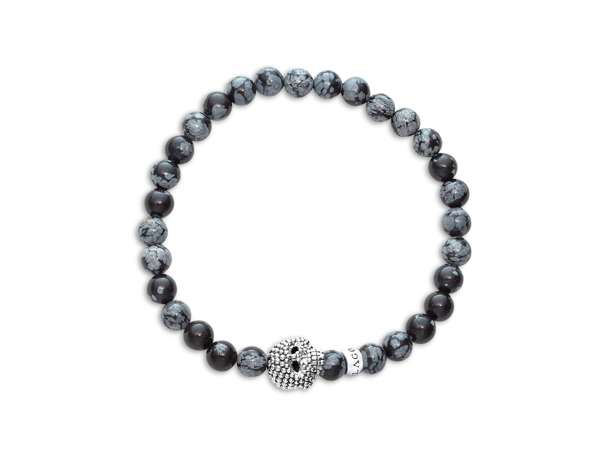 Men's Sterling Silver Anthem Snowflake Obsidian Bead Skull Stretch Bracelet - Exclusive — Image 3