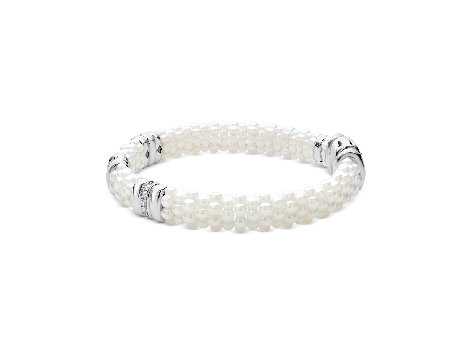 Sterling Silver White Caviar Ceramic & Diamond Beaded Bracelet — Image 4