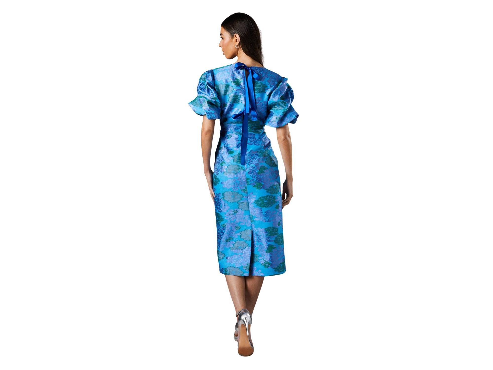 Jacquard Floral Puff Sleeve Midi Dress — Image 4