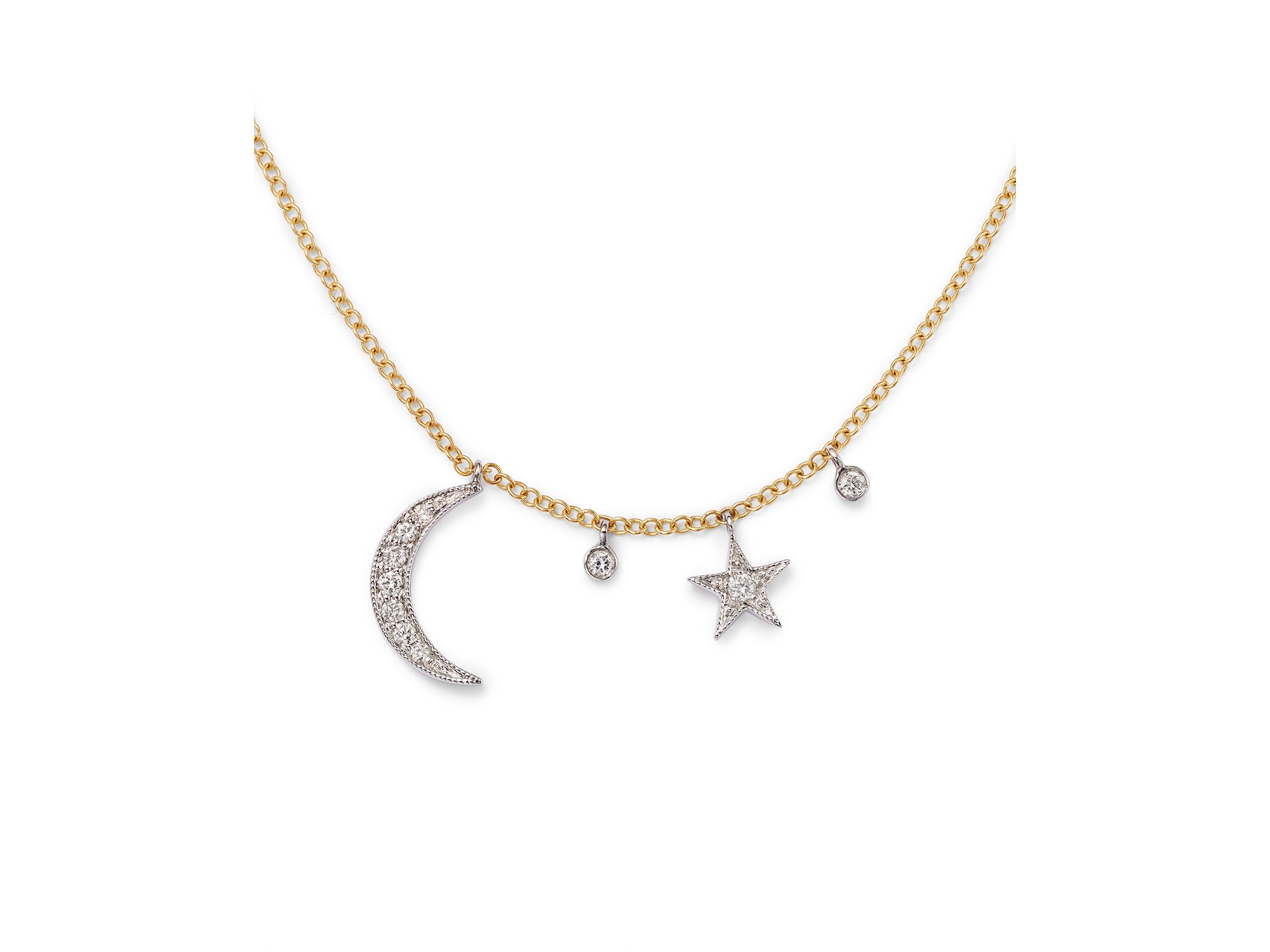 14K White and Yellow Gold Diamond Moon and Star Pendant Necklace, 16" — Image 3