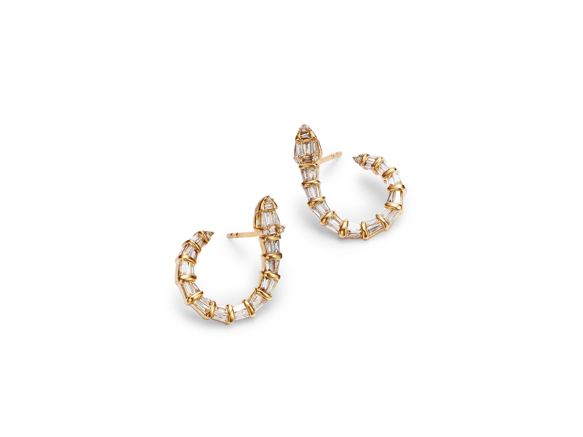 Diamond Round & Baguette Serpent Hoop Earrings in 14K Yellow Gold, 0.60 tcw — Image 3