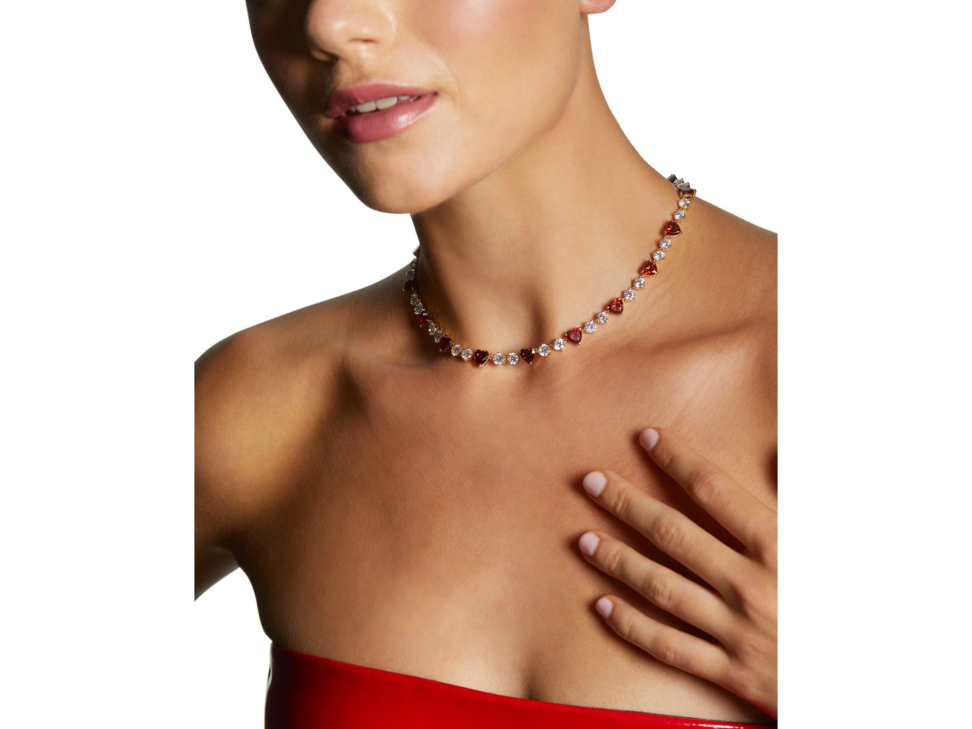 Le Bisou Red Cubic Zirconia Heart Collar Necklace, 18" — Image 3