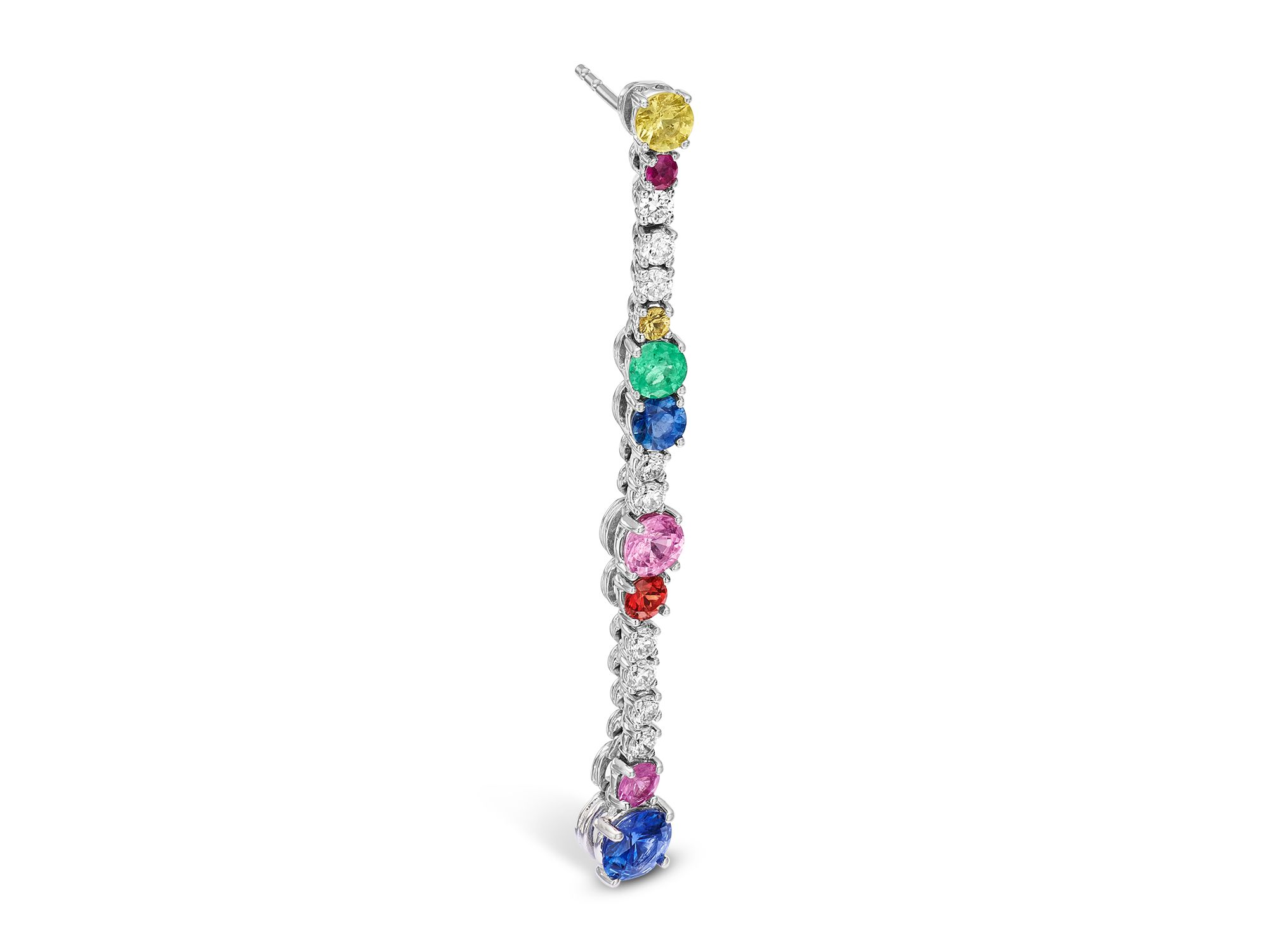 Ruby, Emerald & Rainbow Sapphire Drop Earrings in 14K White Gold — Image 3