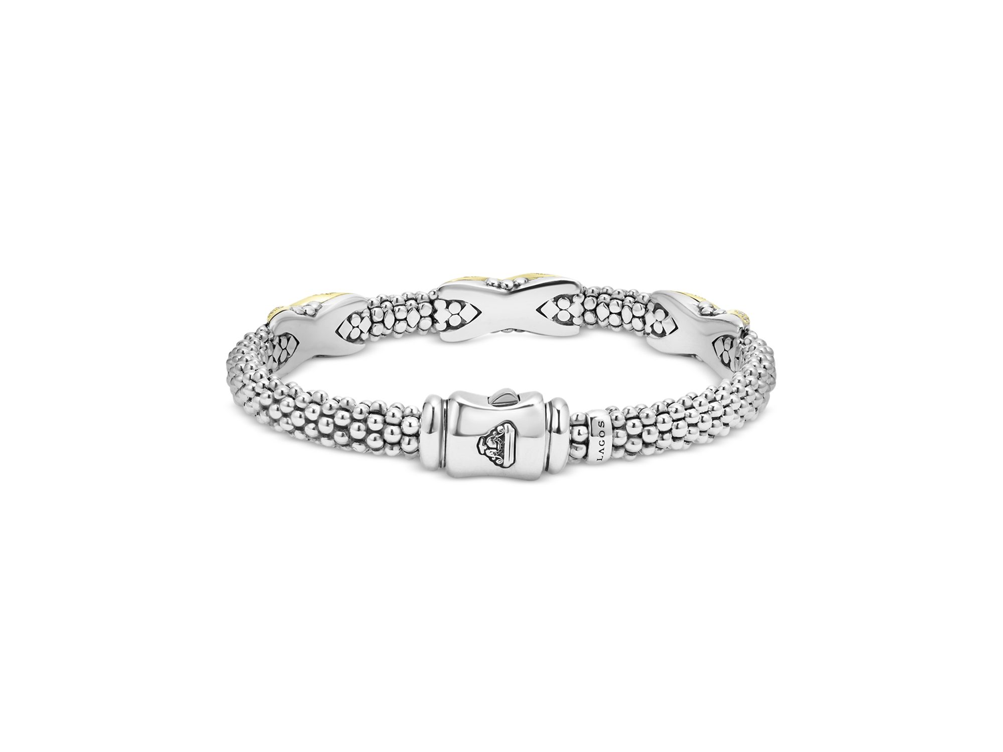 18K Yellow Gold & Sterling Silver Embrace Diamond Pavé X Station Caviar Bead Bracelet — Image 5