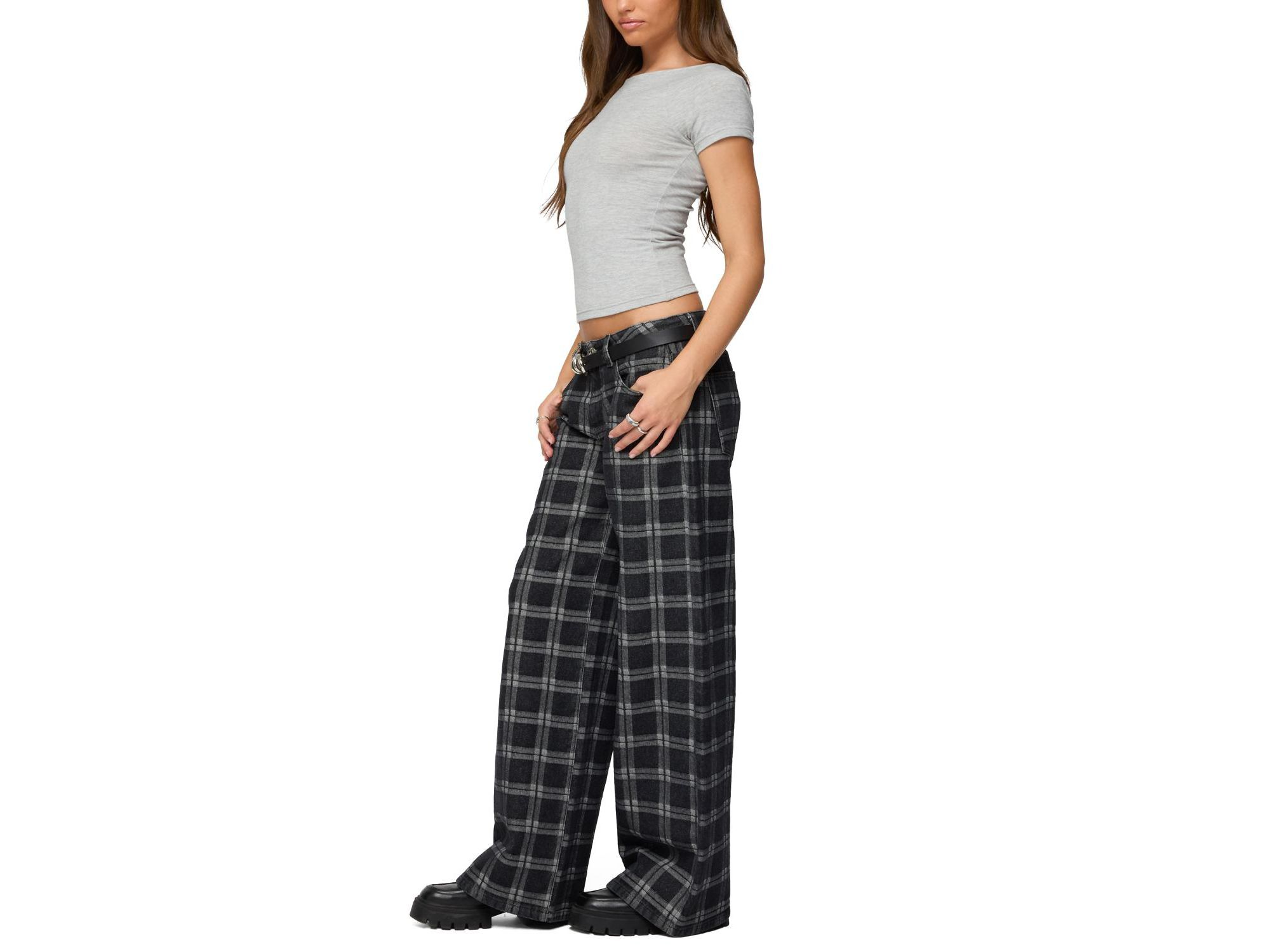 Kailani Plaid Low Rise Baggy Jeans in Black Washed — Image 5