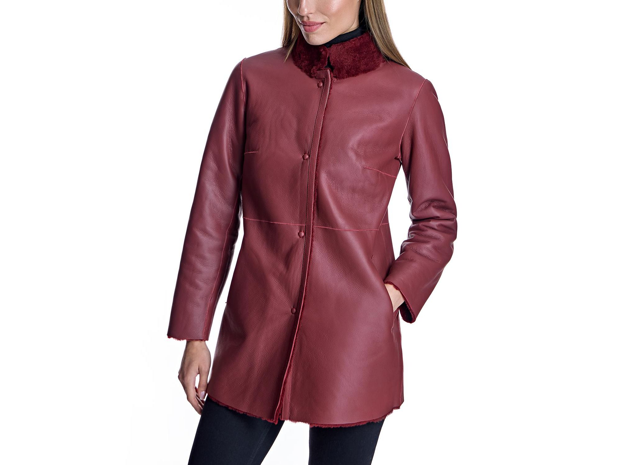 Reversible to Leather Shearling Jacket with Zipper — Image 3