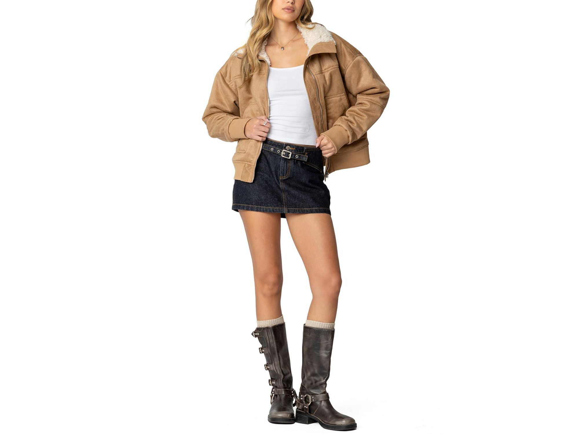 Faux Suede Shearling Bomber Jacket — Image 3