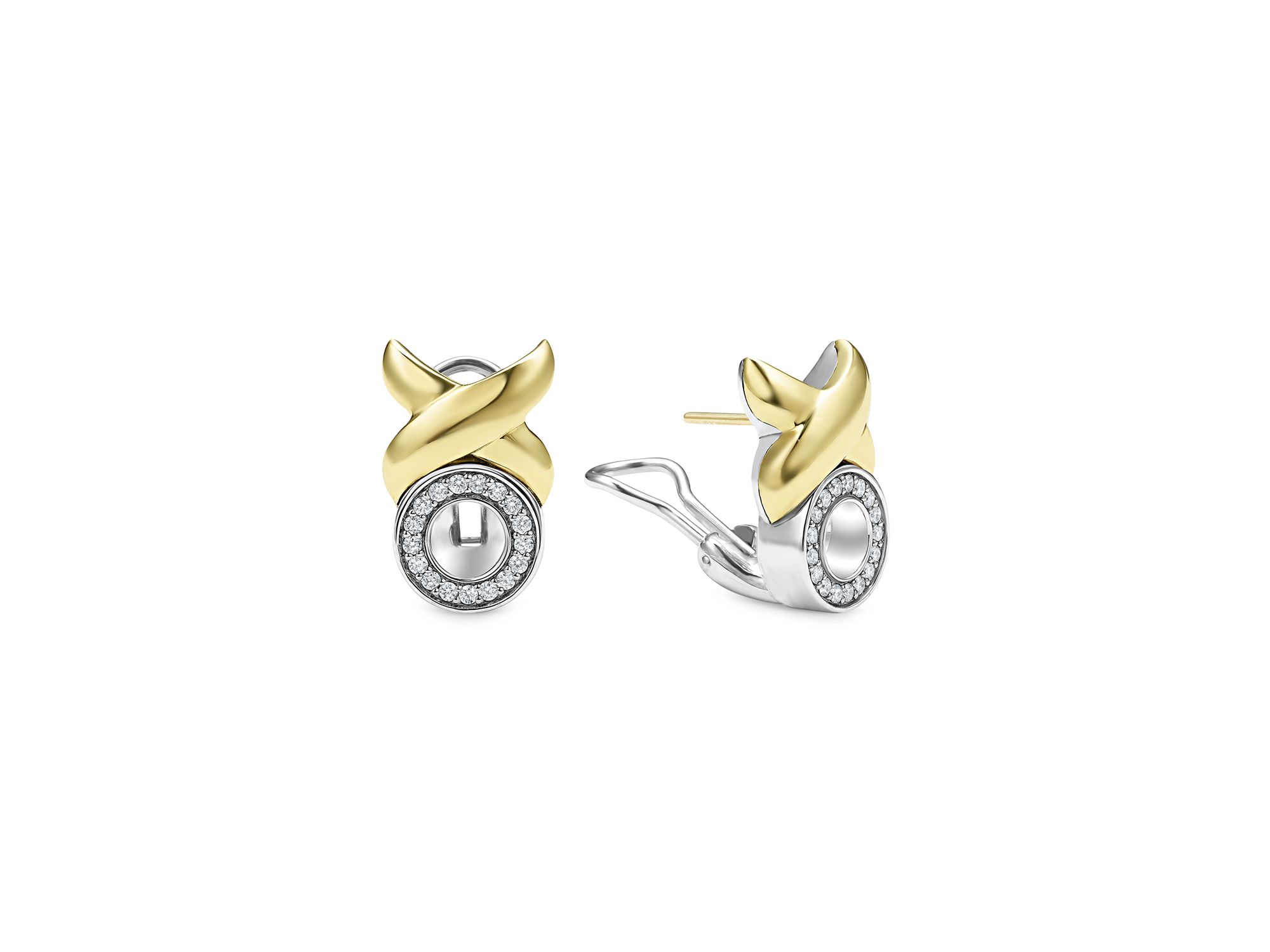 18K Yellow Gold & Sterling Silver Embrace Diamond XO Omega Earrings — Image 4