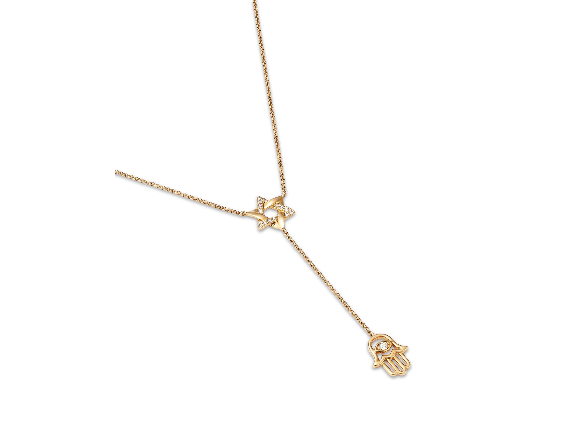 Diamond Star of David & Hamsa Hand Lariat Necklace in 14K Yellow Gold, 0.15 tcw — Image 3