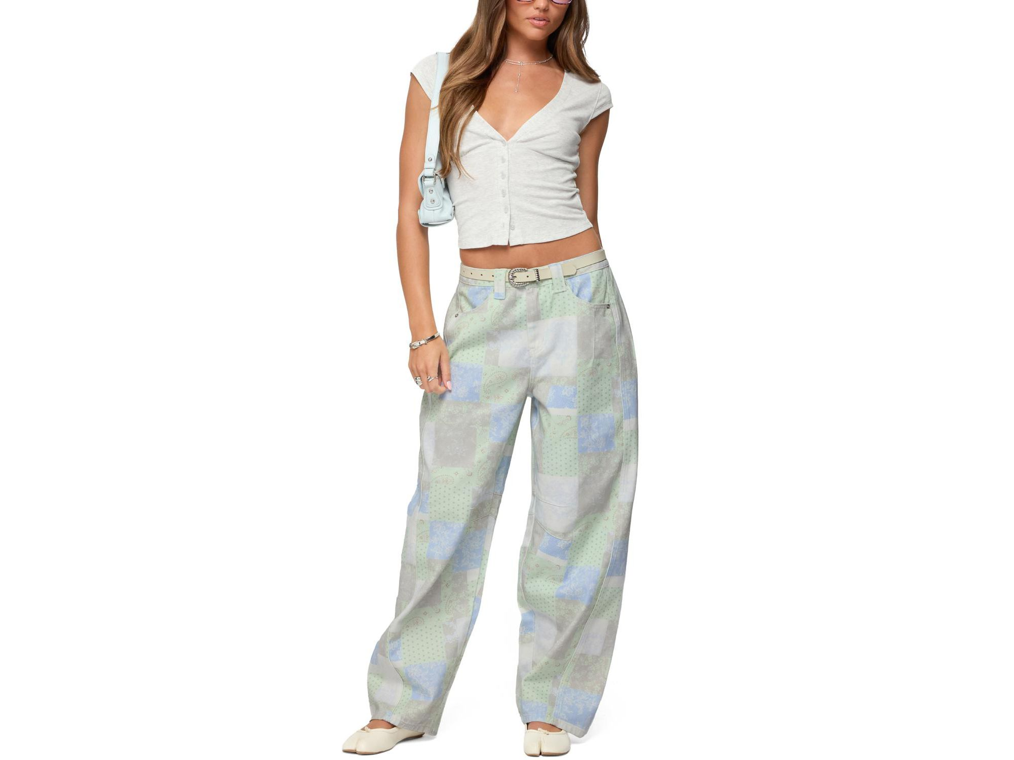 Patchwork Low Rise Baggy Light Rinse Wash Jeans — Image 4