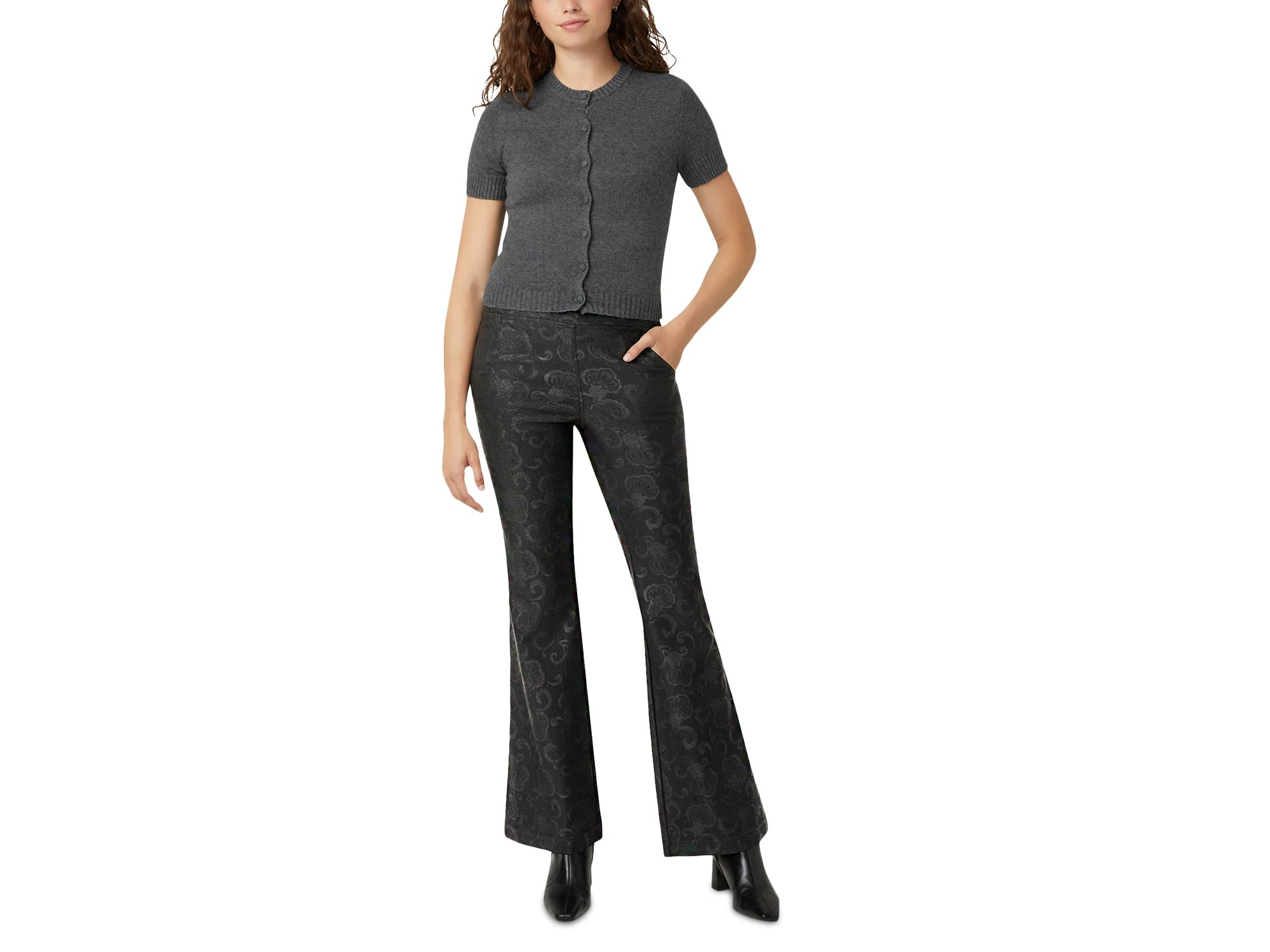 Etched Floral High Rise Baby Bootcut Jeans in Black — Image 6