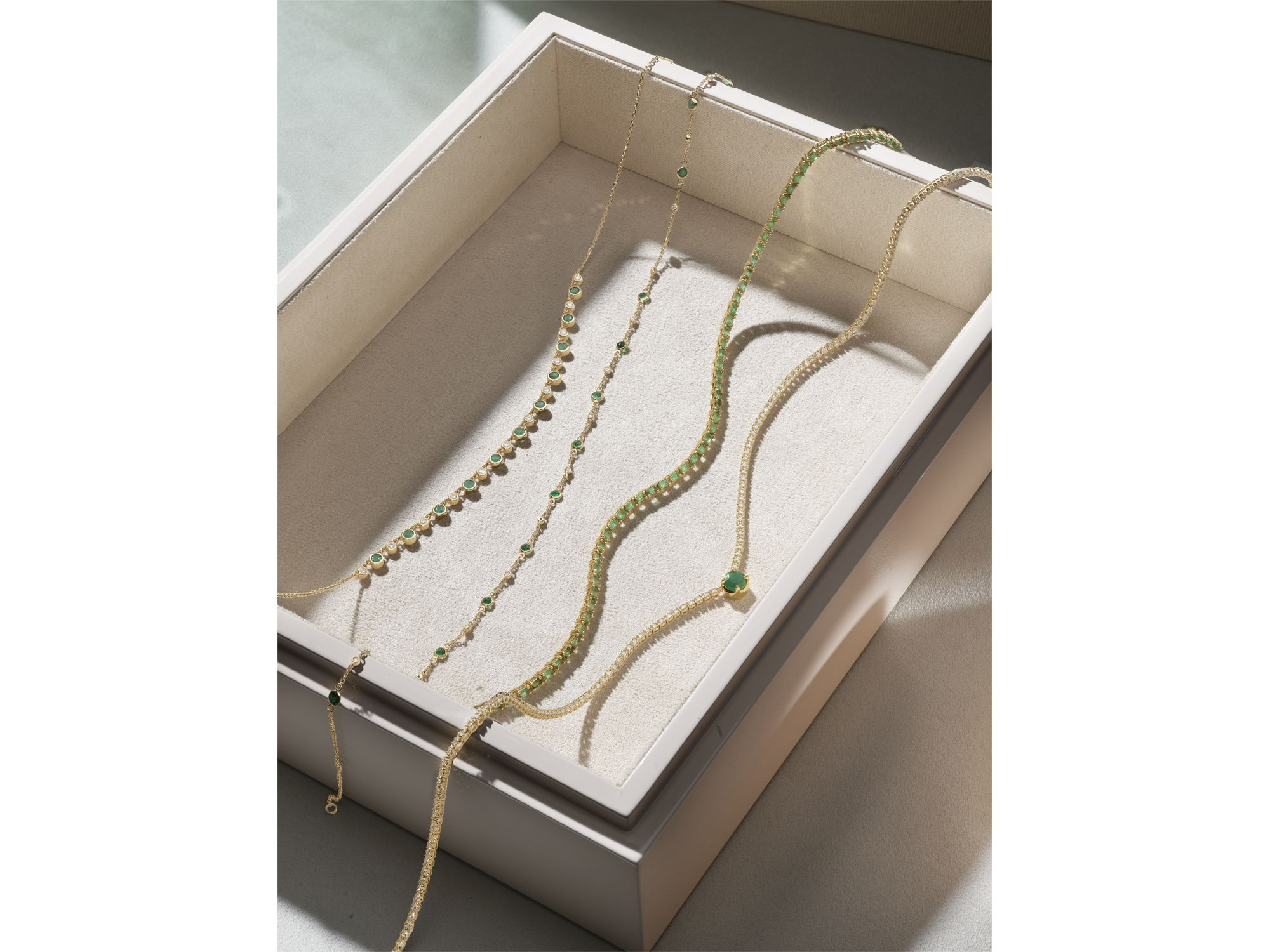 Emerald & Diamond Droplet Station Necklace in 14K Yellow Gold, 18" — Image 3