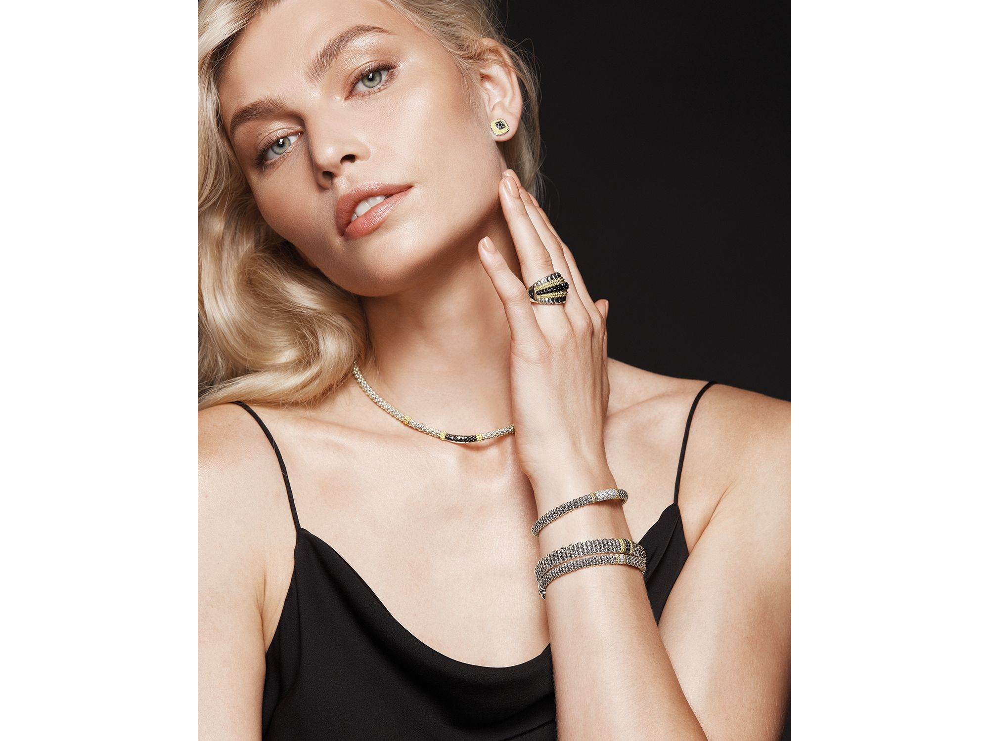 18K Gold & Sterling Silver Diamond Lux Three Station Bracelet, 6mm — Image 4