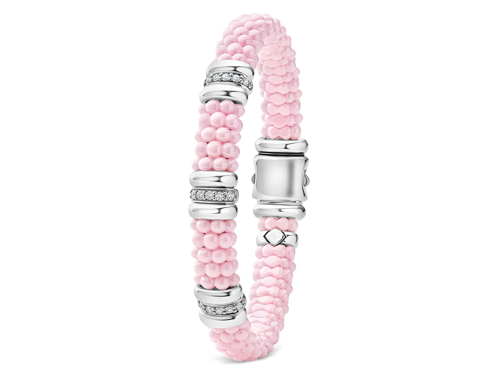 Sterling Silver Pink Caviar Diamond Station Ceramic Bead Bracelet — Image 3