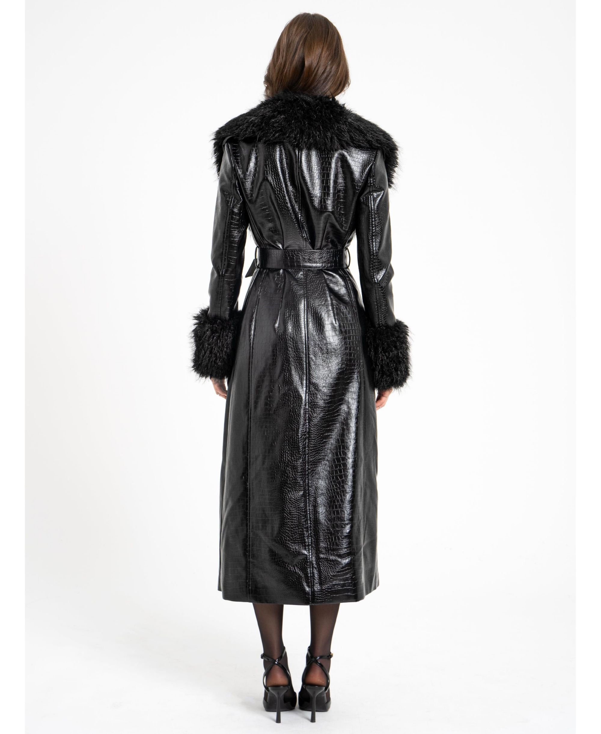Zella Faux Fur Trim Faux Croc Leather Coat — Image 4