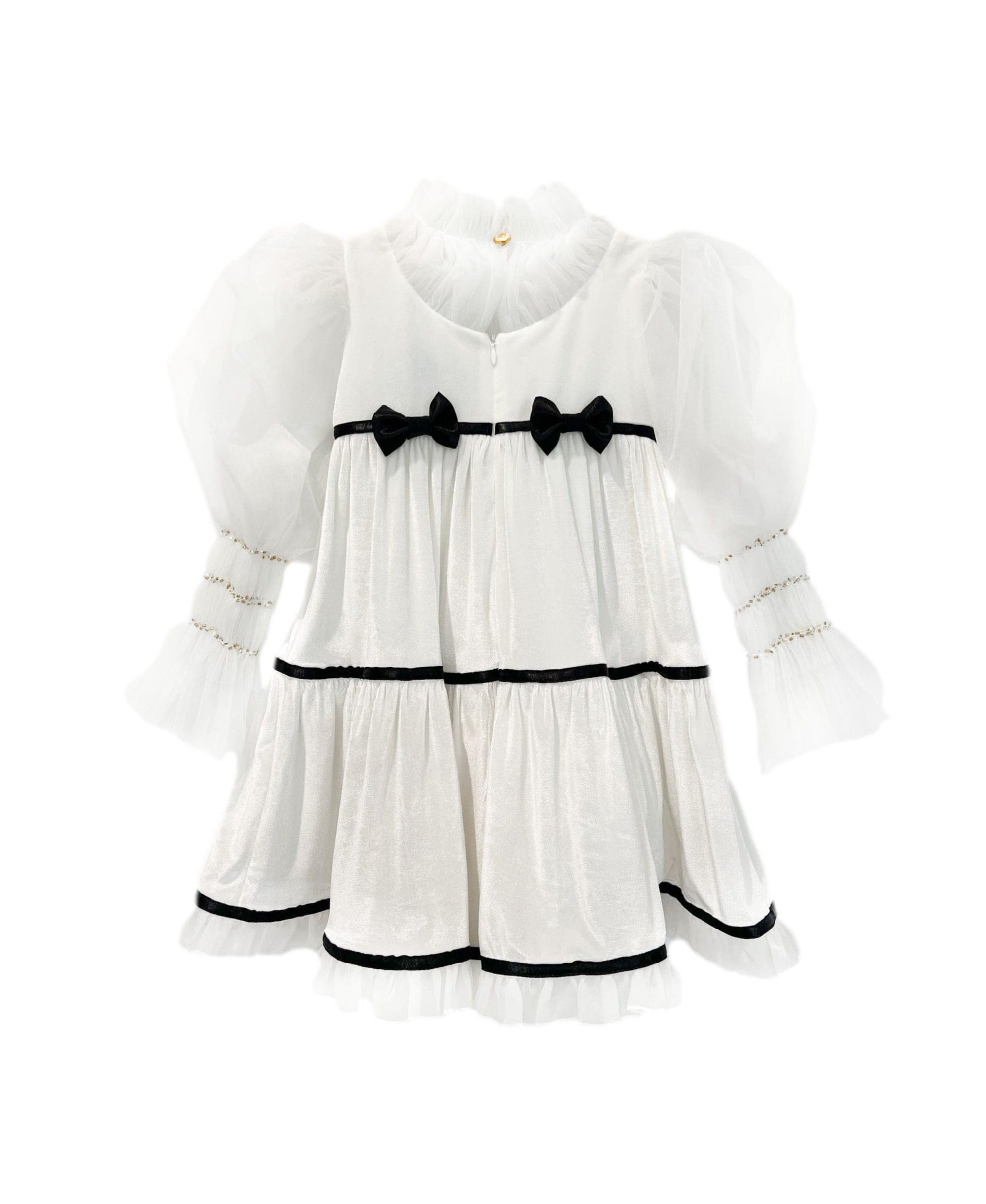 Girls' Aurora Ivory Velour Dress with Tulle Puff Sleeves - Baby, Little Kid, Big Kid — Image 7