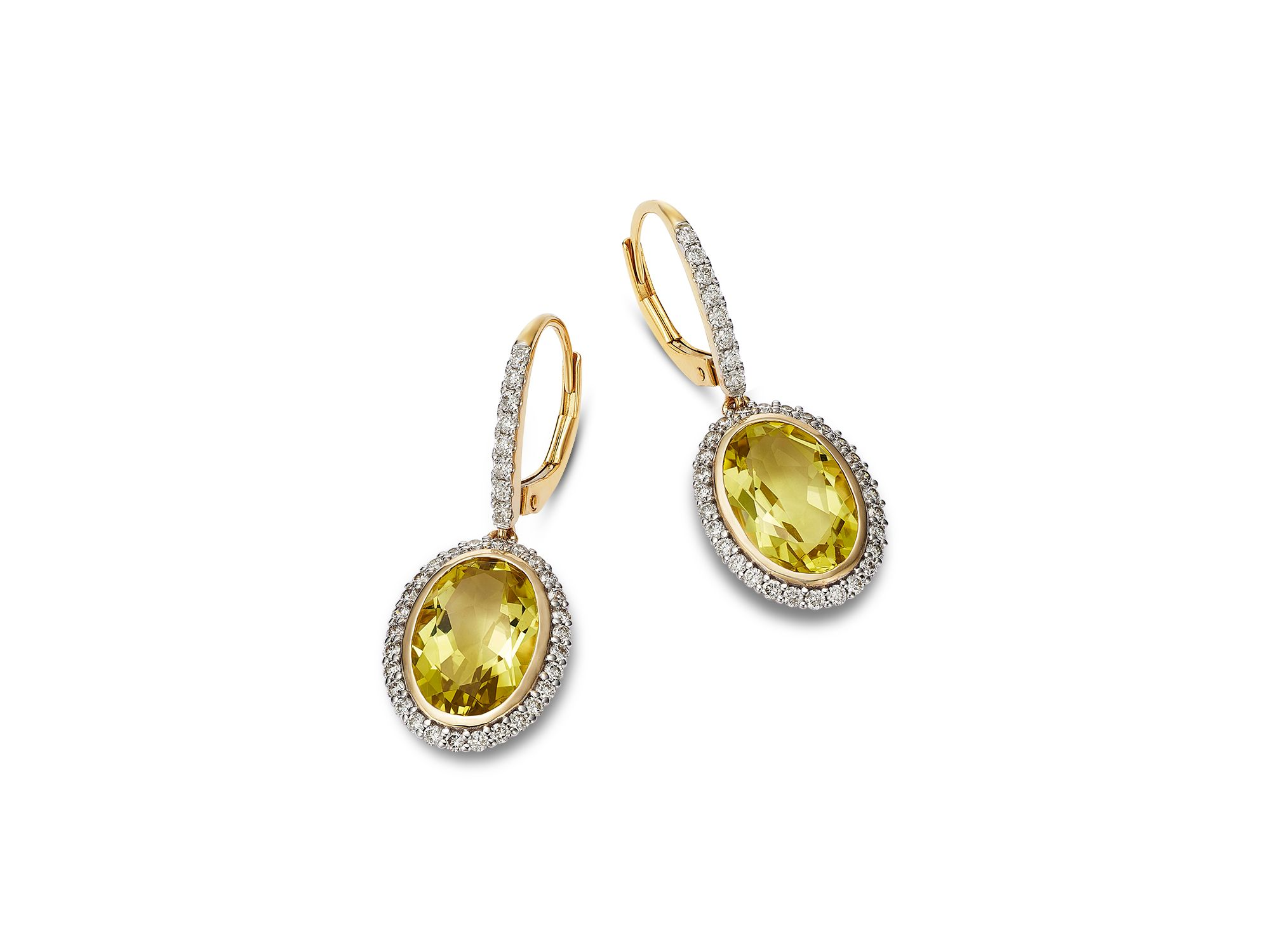 Lemon Quartz & Diamond Halo Drop Earrings in 14K Yellow Gold — Image 3