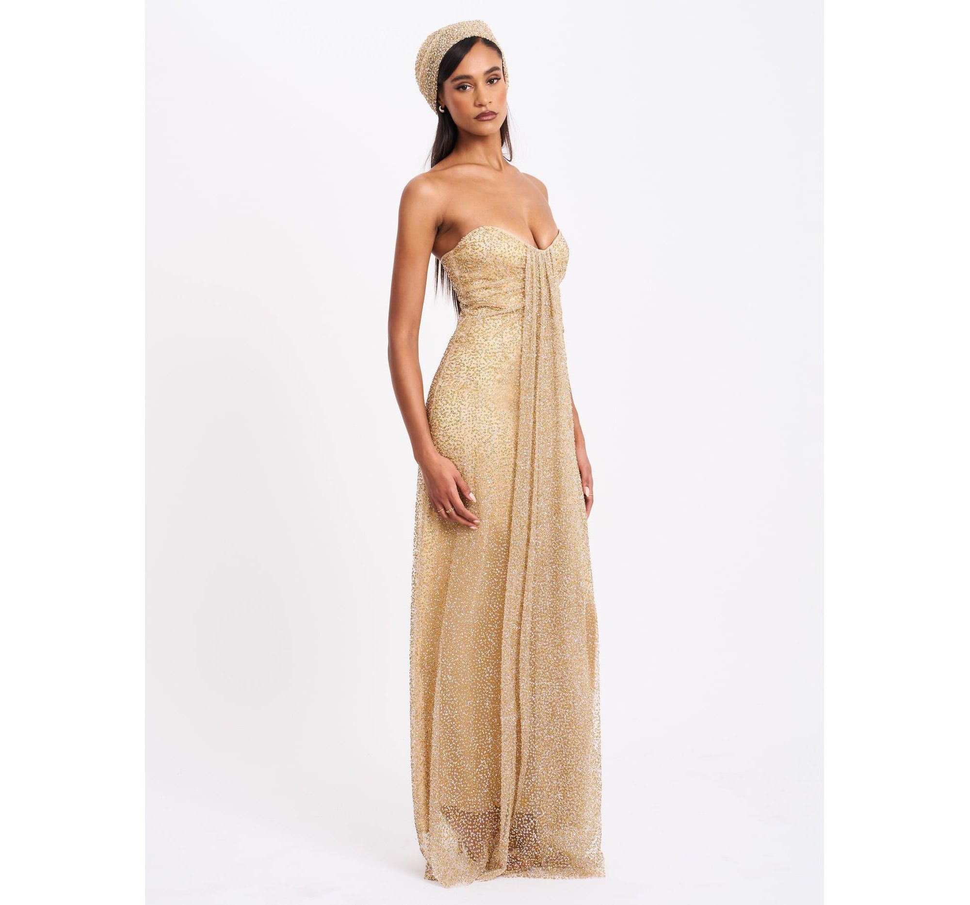 Ada Rhinestone Embellished Strapless Gown with Head Scarf — Image 8