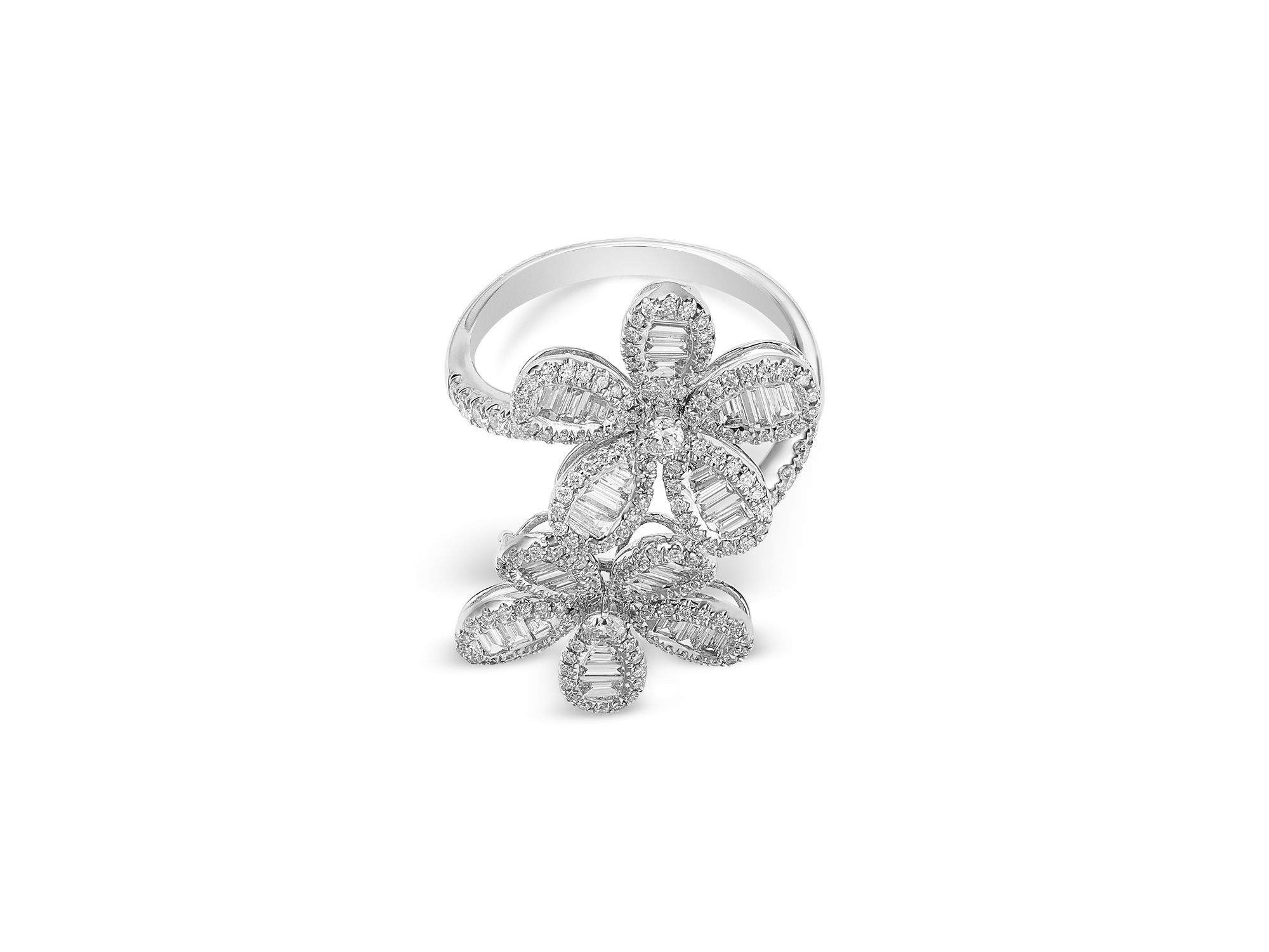 Diamond Round & Baguette Daisy Bypass Ring in 14K White Gold, 1.54 tcw — Image 3