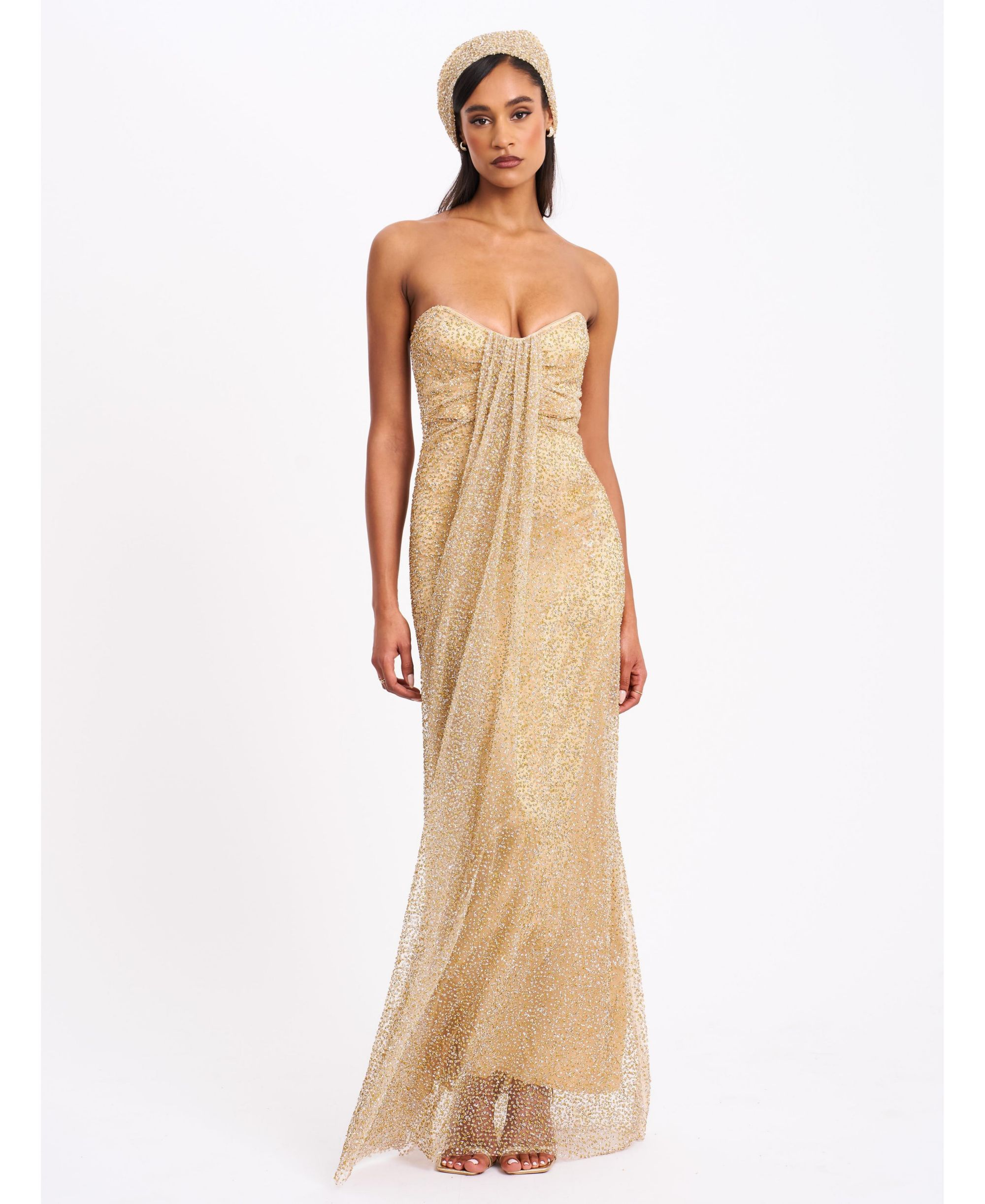 Ada Rhinestone Embellished Strapless Gown with Head Scarf — Image 4