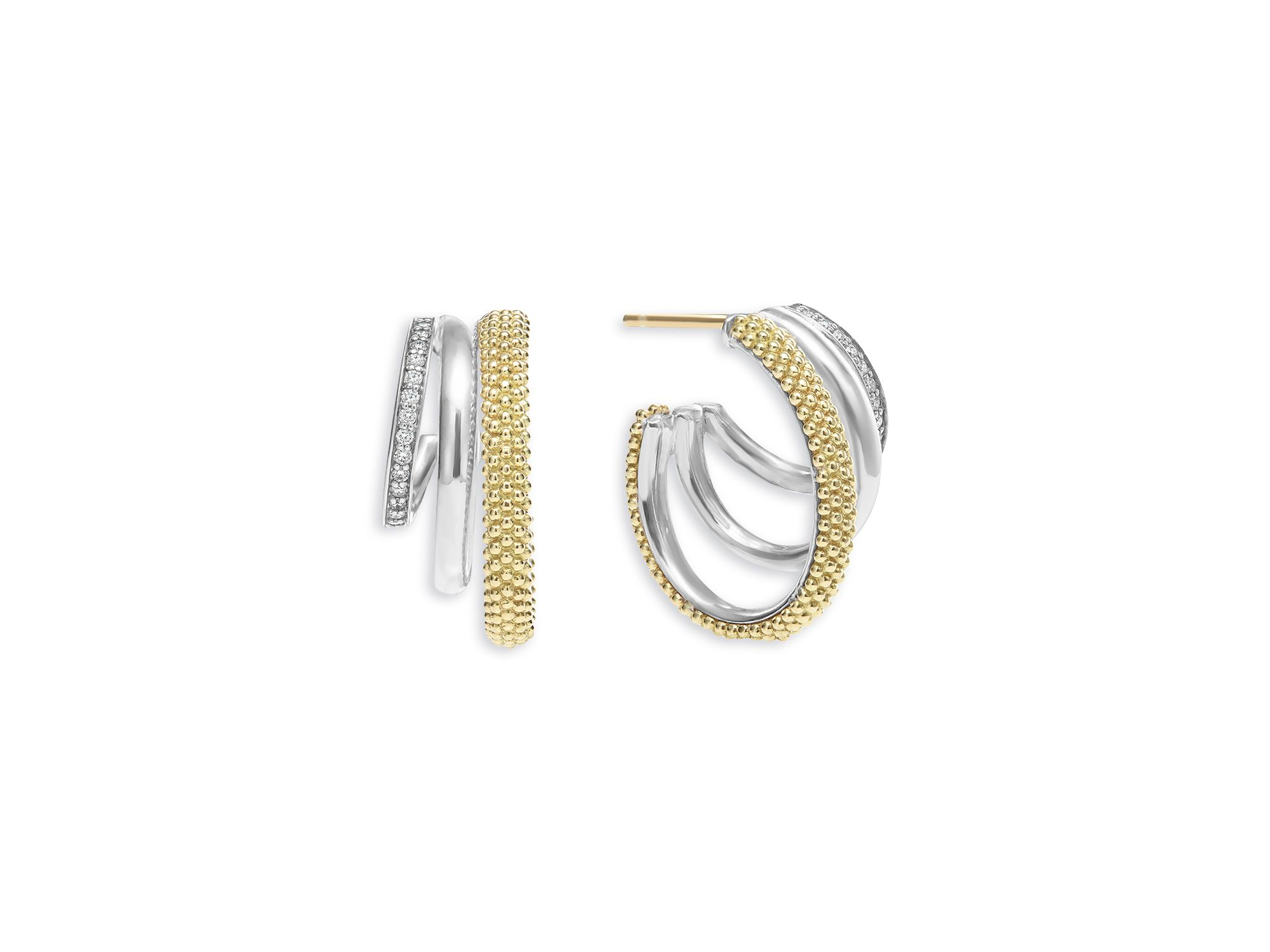 Two Tone Caviar Lux Three Ring Diamond Hoop Earrings, 0.16 tcw — Image 4