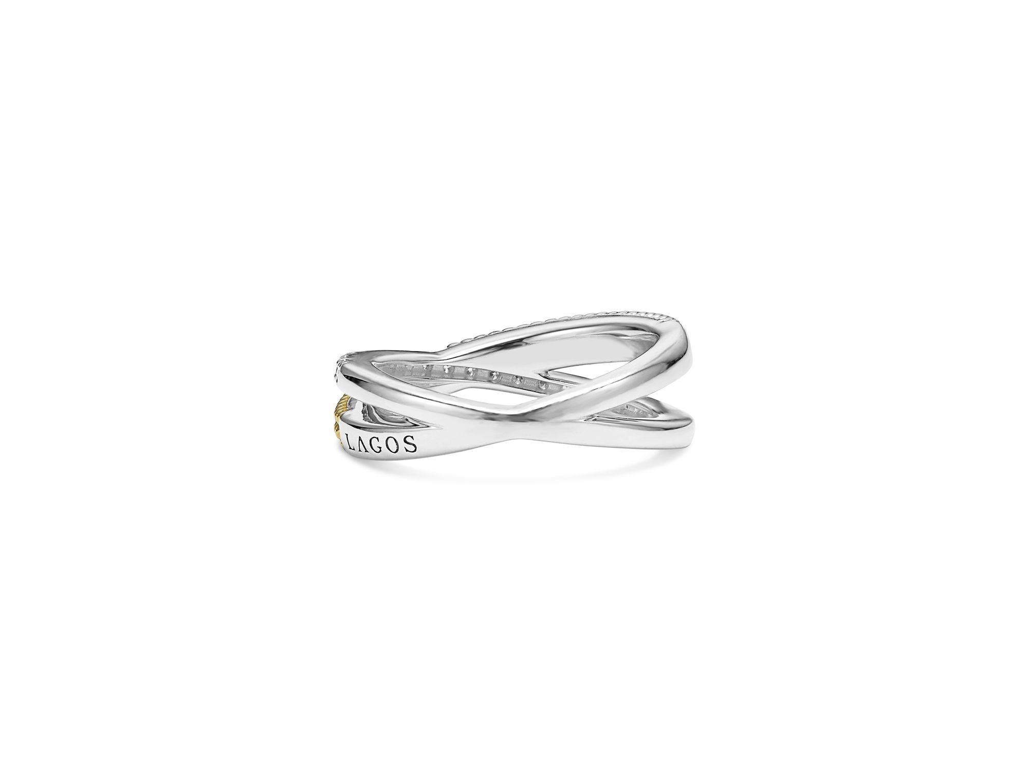 18K Yellow Gold & Sterling Silver Caviar Diamond & Bead Crossover Ring — Image 5