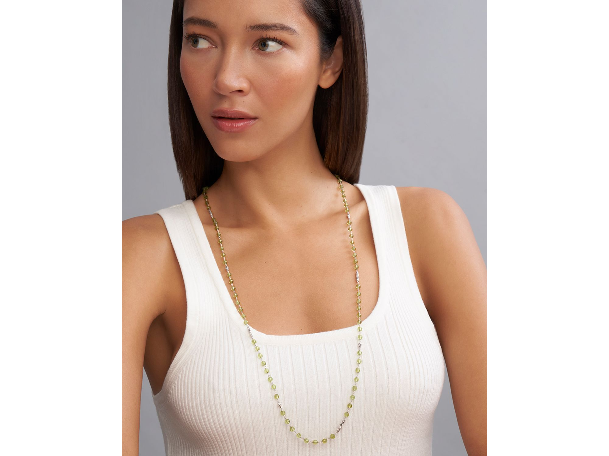 Sterling Silver Caviar Peridot Bead Station Necklace, 34" — Image 3