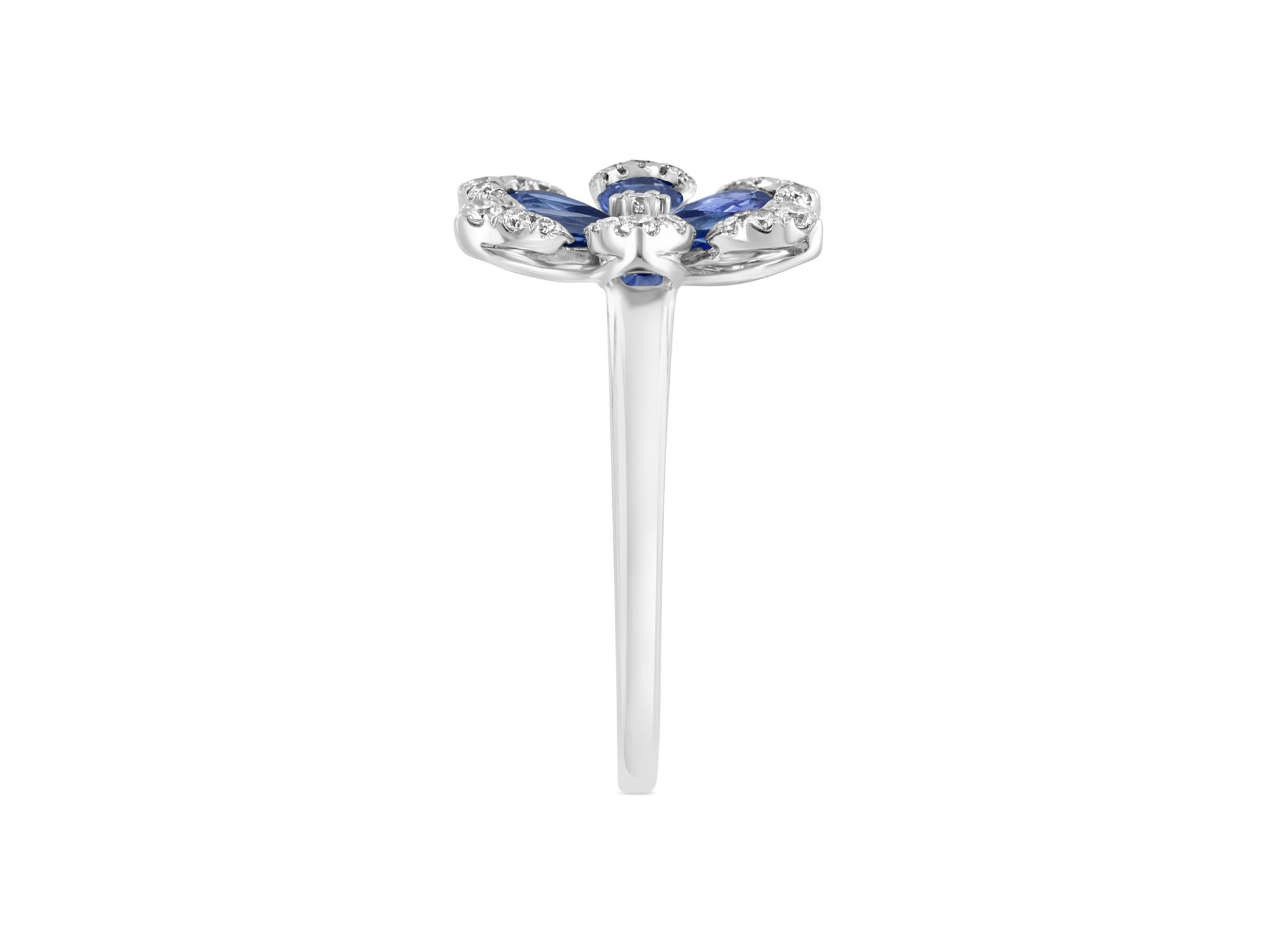 Blue Sapphire & Diamond Flower Ring in 14K White Gold — Image 3