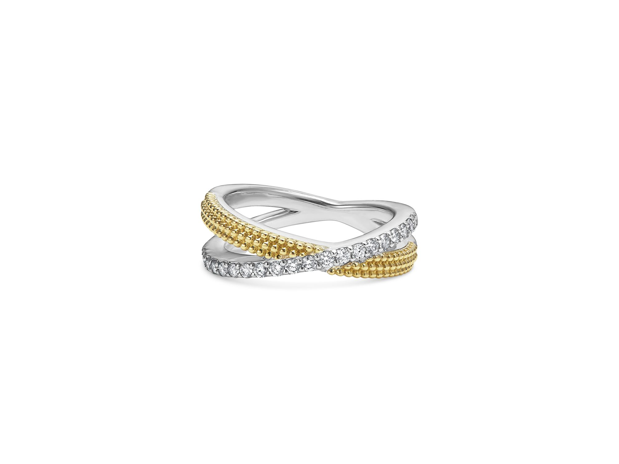 18K Yellow Gold & Sterling Silver Caviar Diamond & Bead Crossover Ring — Image 3