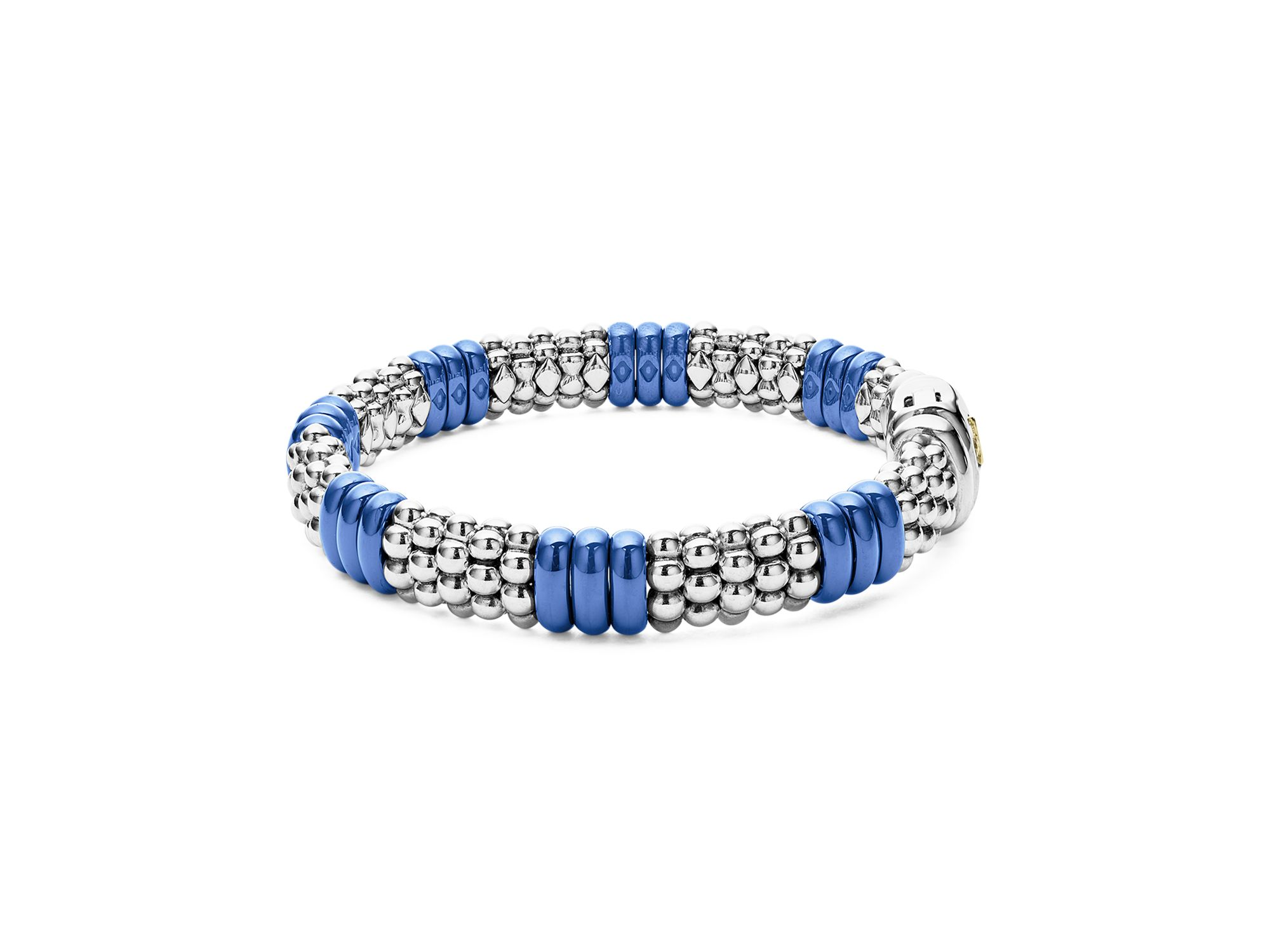18K Yellow Gold & Sterling Silver Blue Ceramic Rondelle & Caviar Bead Statement Bracelets — Image 4