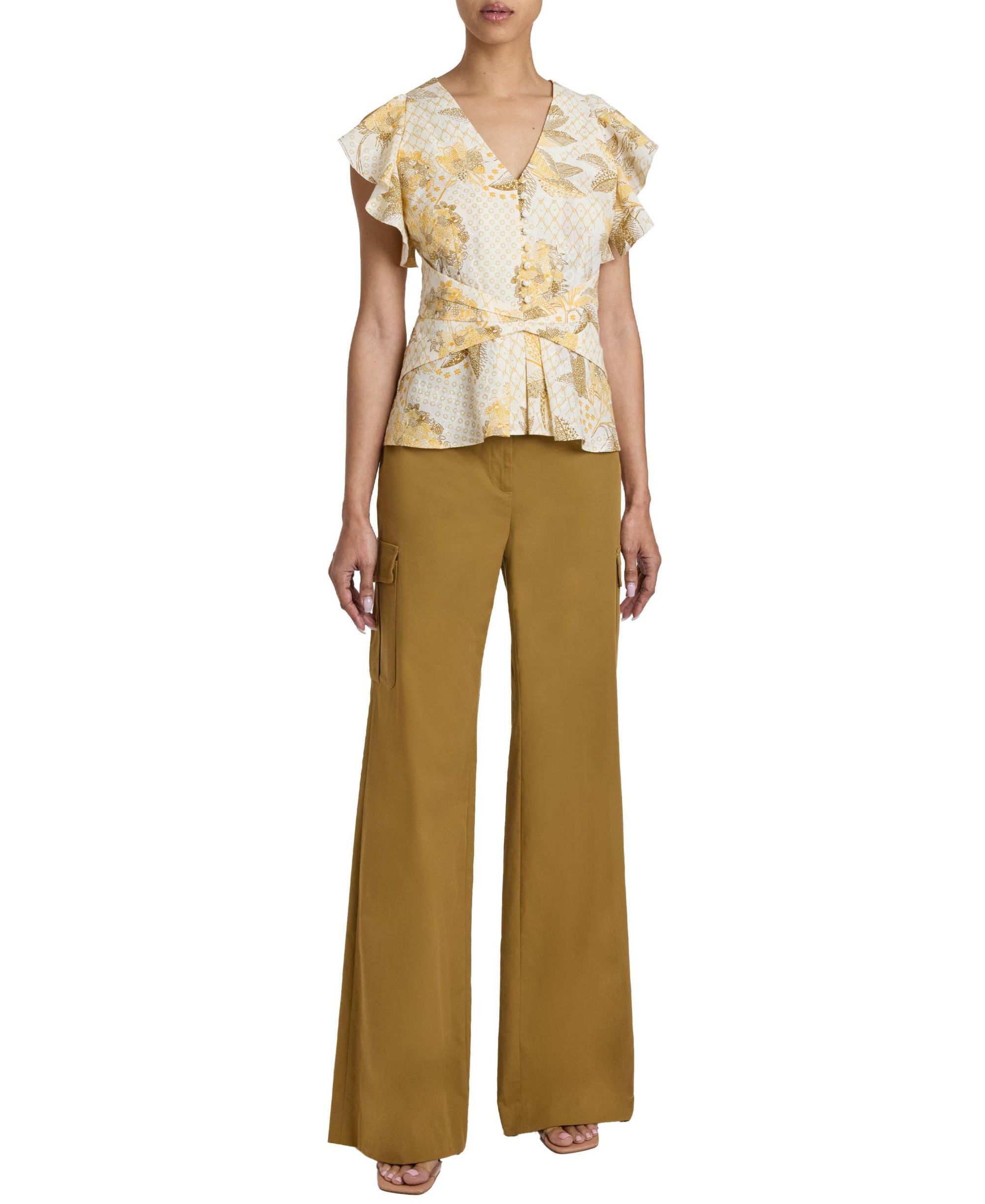ELLA Flutter Sleeve Buttoned Blouse with Waist Panel in Floral Printed Cotton Cloque — Image 3