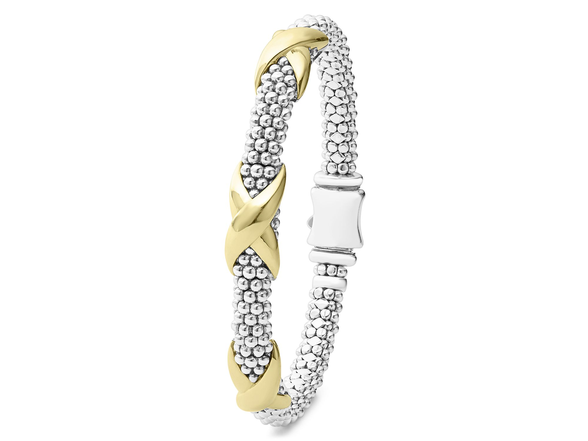 18K Yellow Gold & Sterling Silver Embrace Triple X Caviar Bead Link Bracelet — Image 3